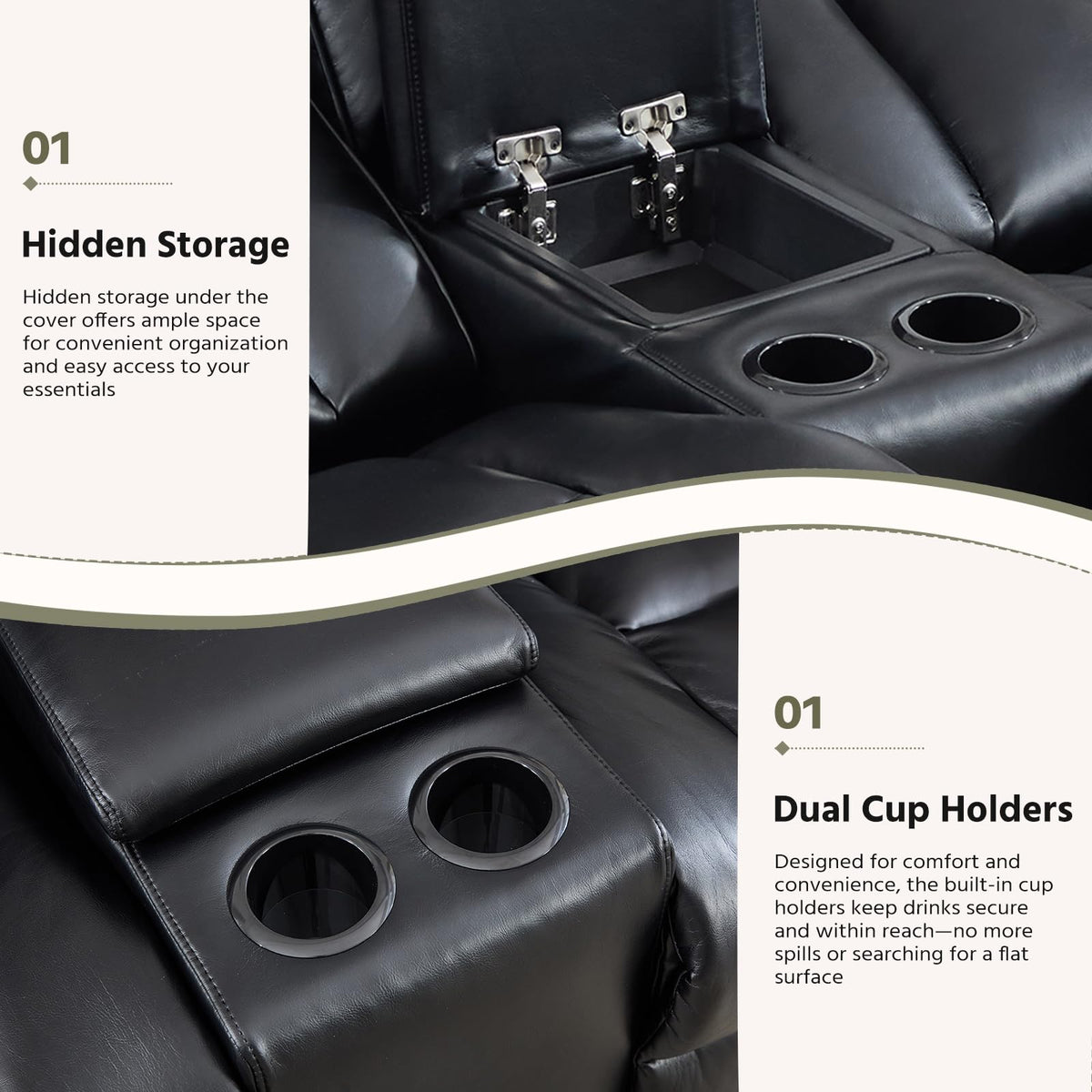3-Piece Manual Recliner Sofa Set, Included Recliner and 2Loveseat 2-Seater Sofa with Center Console, Overstuffed Pu