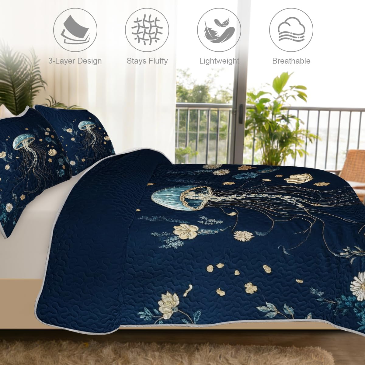 Ocean Jellyfish Quilt Set Navy Blue Floral Sea Life Bedding with Artistic Jellyfish Print for Modern Coastal Bedroom