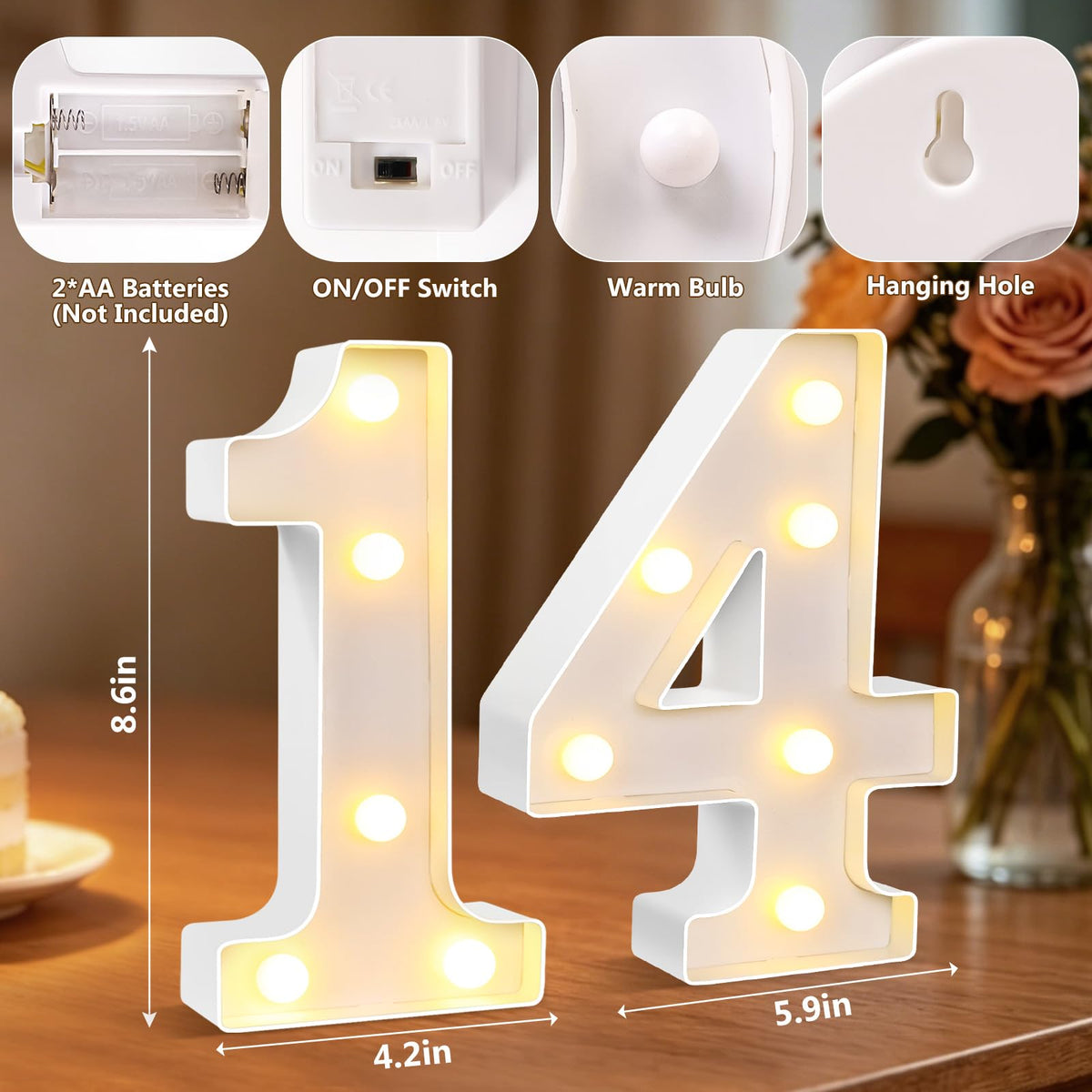 LED Light Number 14, Light Up Marquee Number 14 Lights for 14 Birthday Party Decoration Wedding Anniversary Backdrop