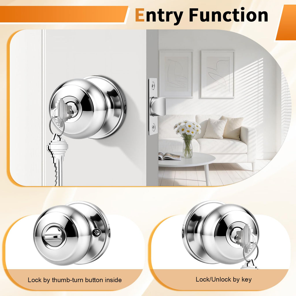 Door Knobs Polished Chrome Finish, Exterior Interior Entry Door Lock with Same Key, 6 Pack Entrance Door Lock Set