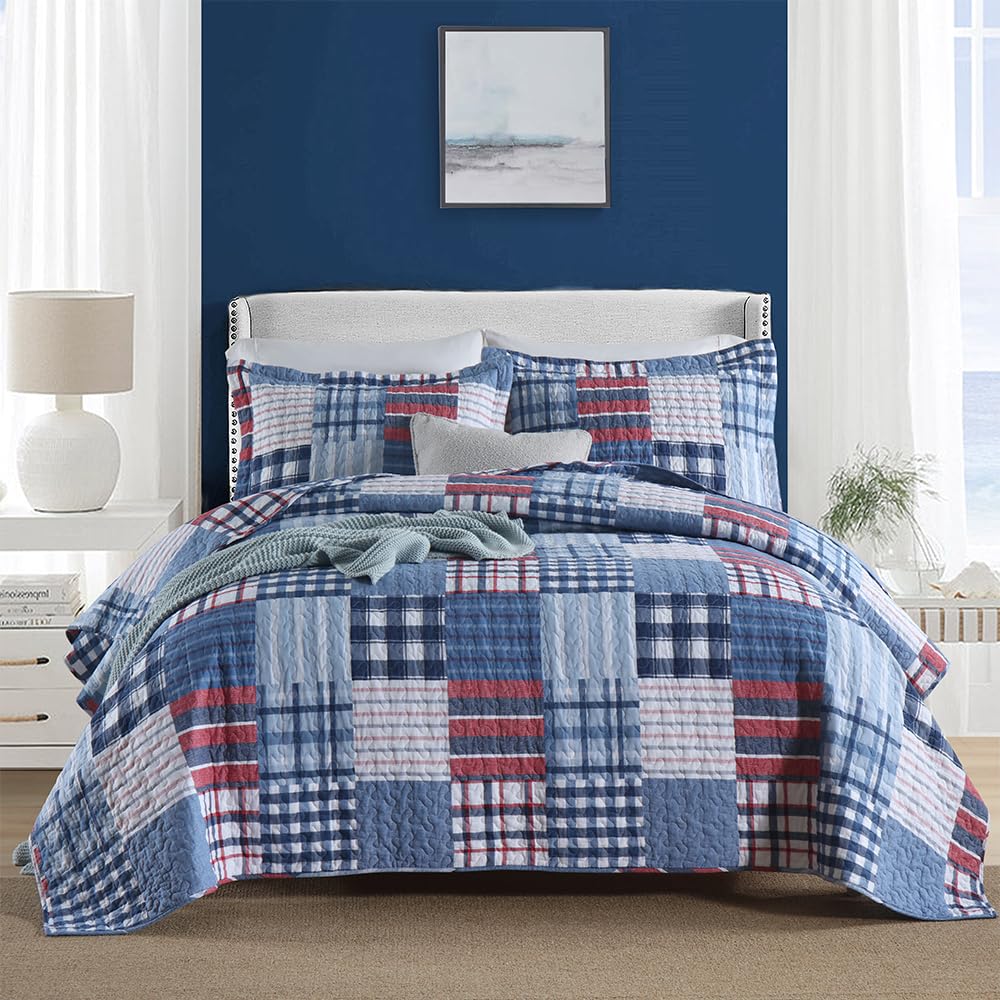 Cotton Bedding Quilt Sets, Soft Reversible Coverlet Sets All Season Blue Bedspread, Plaid Patchwork