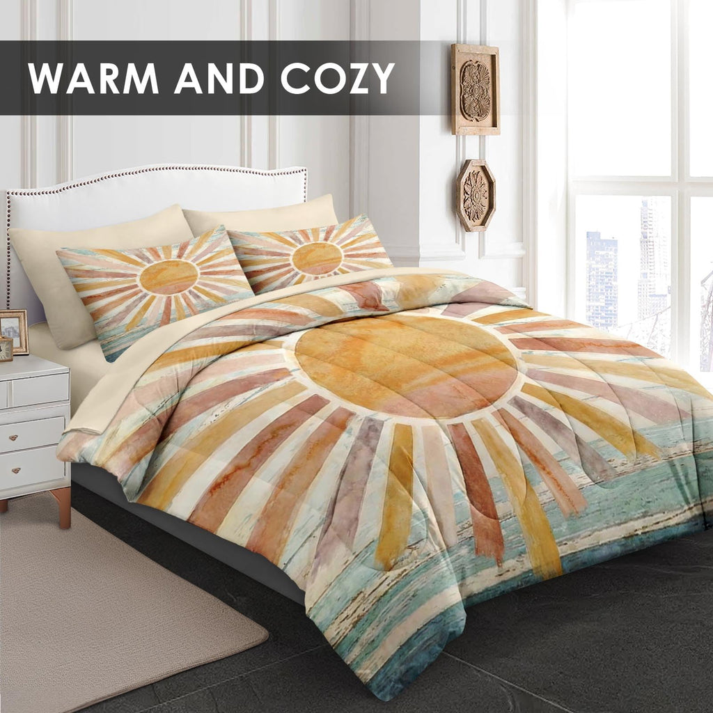 Queen Comforter Set with Sheets, 7 Pieces Boho Sun Bedding