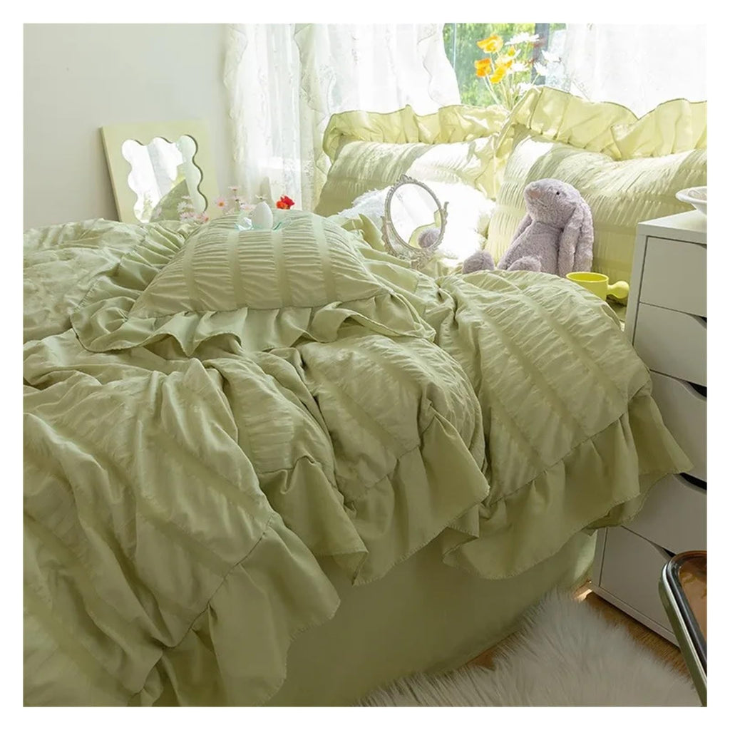 Ultra Soft Seersucker Fabric Ruffle White Bedding Set Double 4Pcs Quilt Duvet Cover Flat Bed Sheet 2