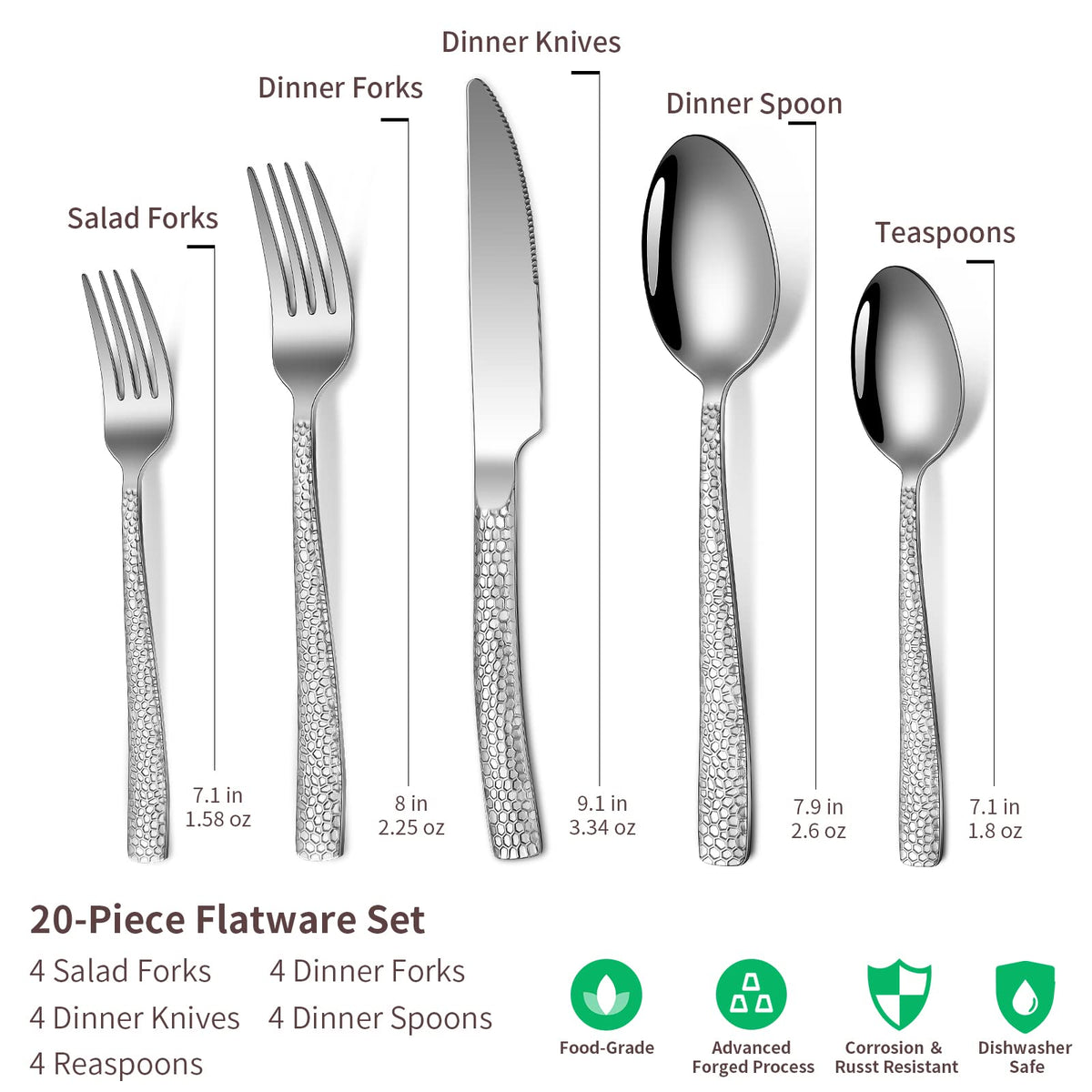 20-Piece Silverware Set, Stainless Steel Hammered Flatware Set for 4