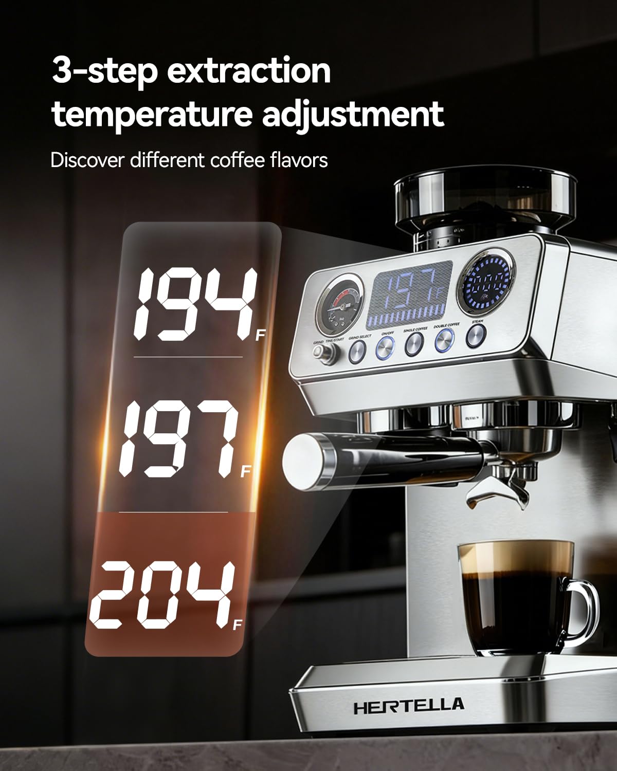 Espresso Machine with Burr Grinder, 20 Bar Visual Pressure Gauge, Milk Frother Steam Wand, Stainless Steel, 4
