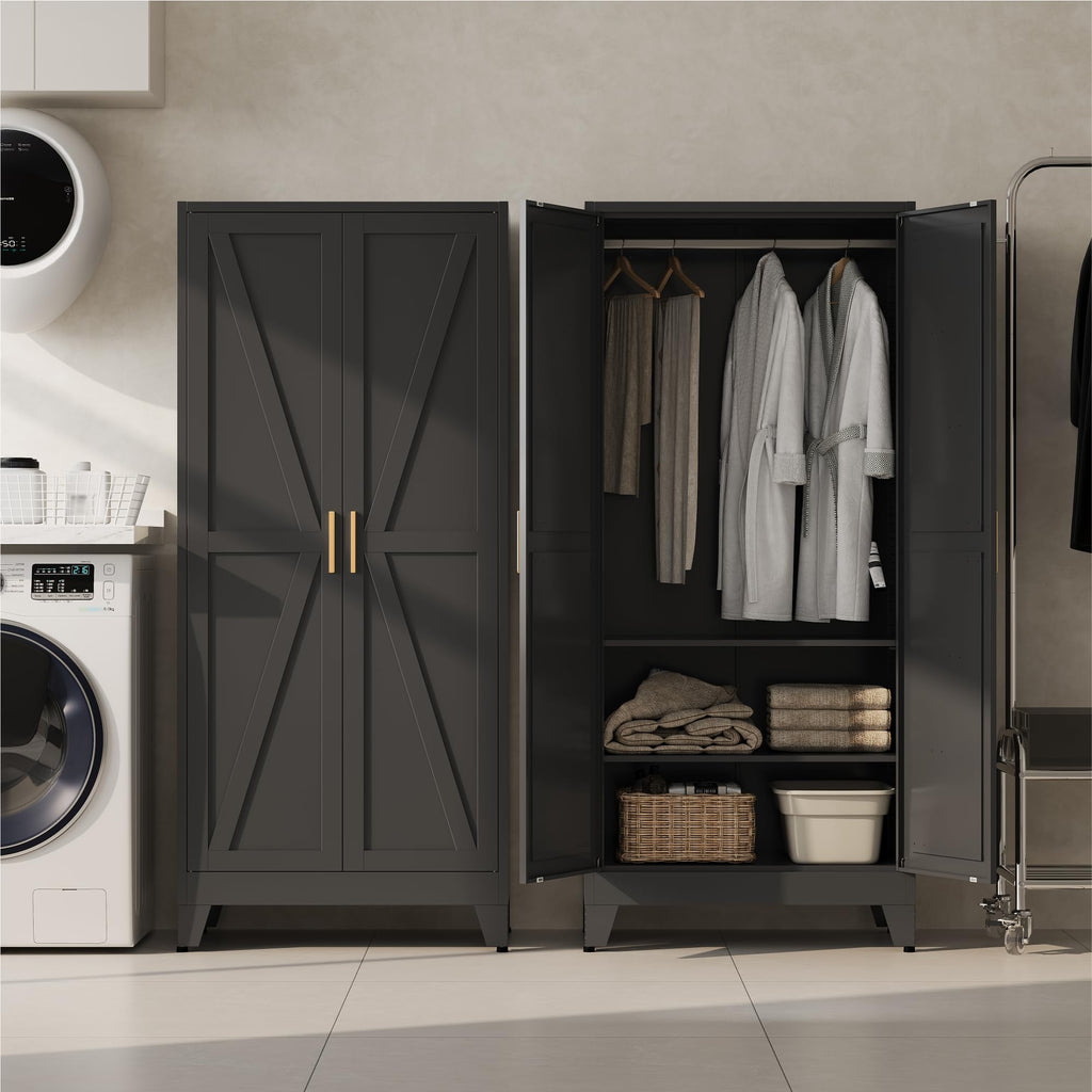 Metal Armoire Wardrobe Closet with Hanging Rod, 71H Metal Cabinet with Doors and Shelves, Freestanding Bedroom Armoire