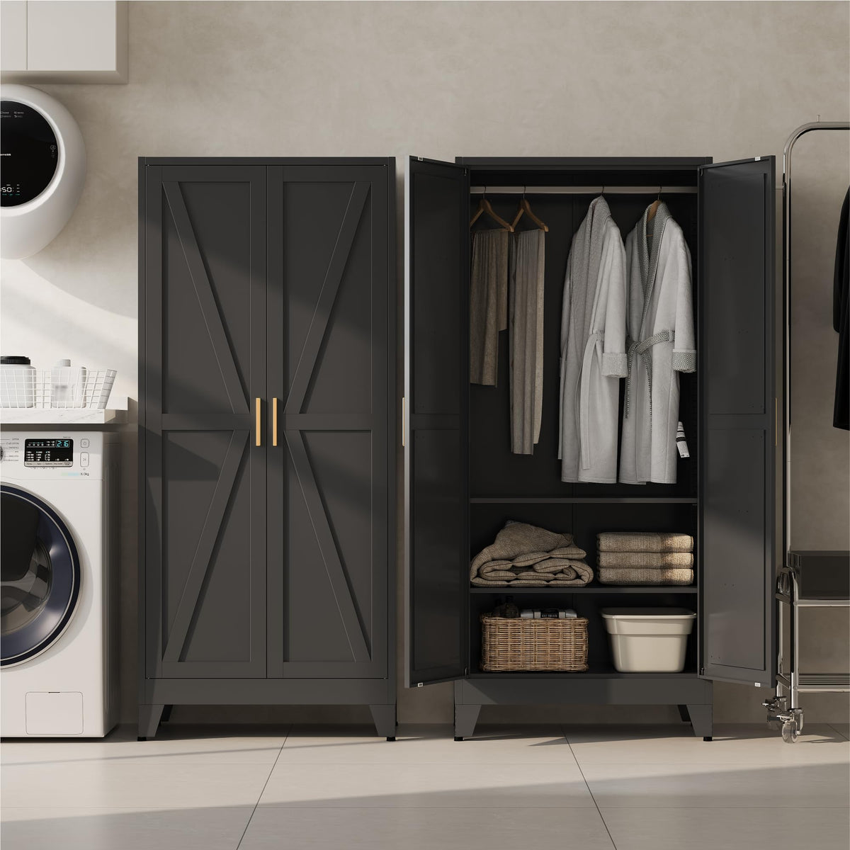 Metal Armoire Wardrobe Closet with Hanging Rod, 71H Metal Cabinet with Doors and Shelves, Freestanding Bedroom Armoire