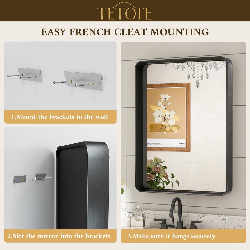 Black Framed Mirrors, 2 Inch Thick Frame 22 x 30 Inch Brushed Metal Frame Wall Mounted Rectangle Mirror