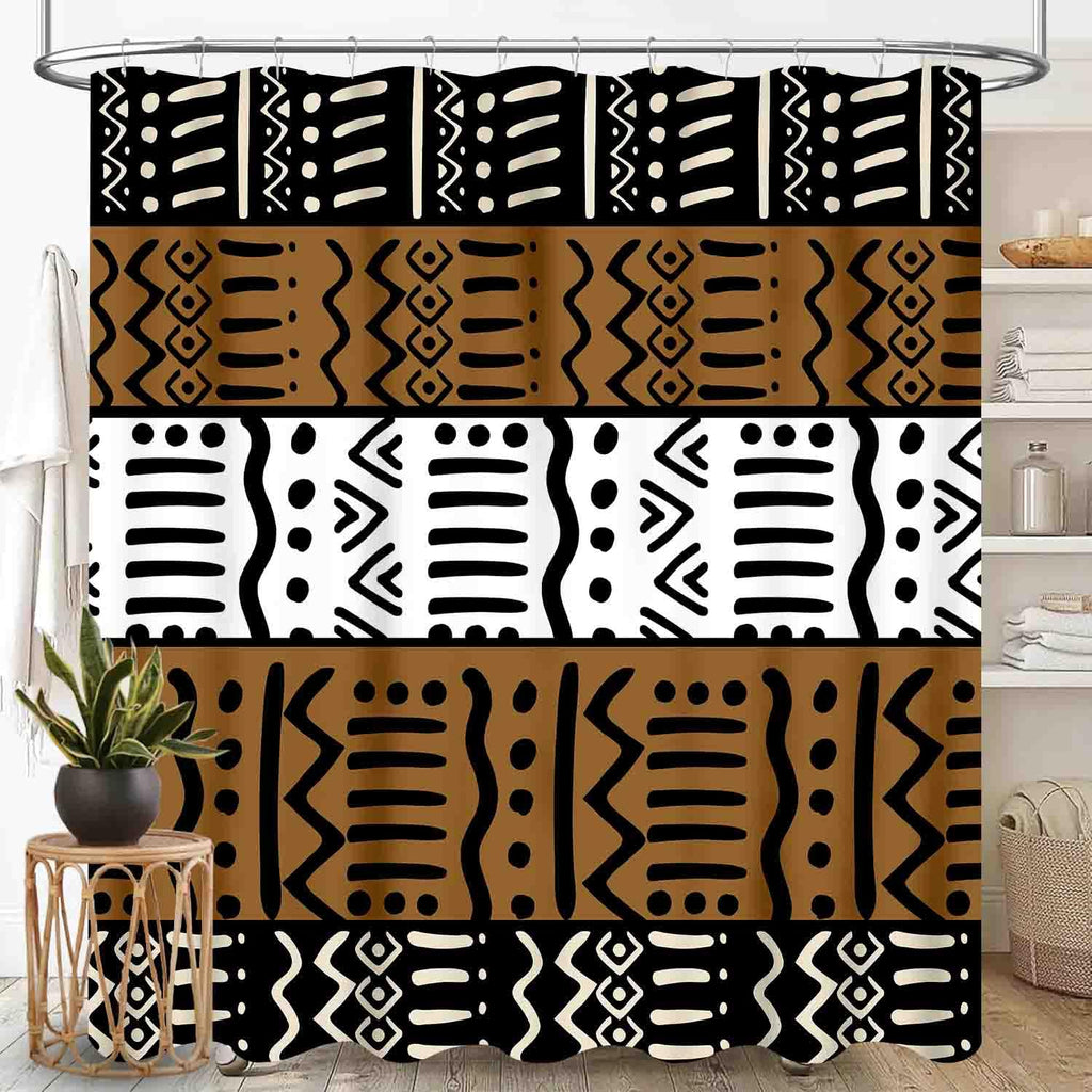African Mudcloth Shower Curtain, oho Modern Abstract Geometric Print Tribal Africa Ethnic Pattern Bohemian Brown