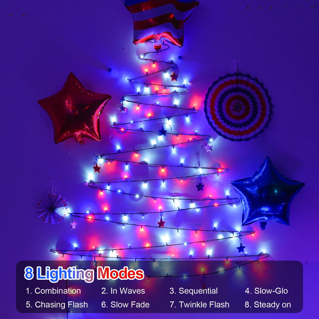 500 LED Red White and Blue String Lights, 165ft 4th of July Decorations Lights Plug in Outdoor Indoor, 8 Modes