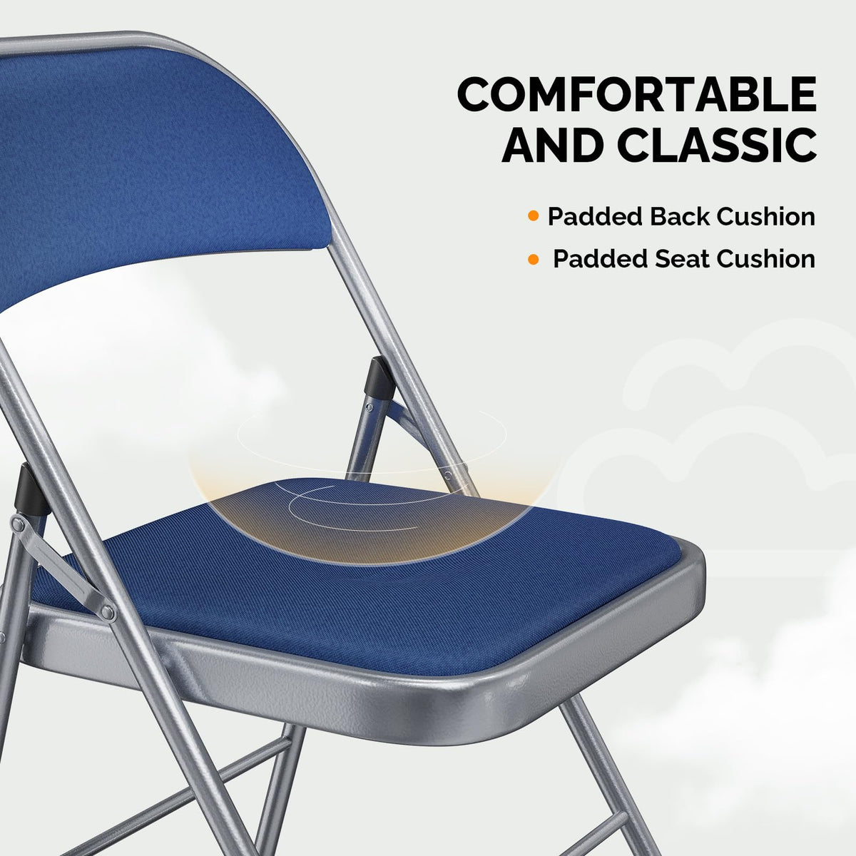 6 Pack Folding Chairs with Padded Seats, Metal Frame with Fabric Seat & Back, Capacity 350 lbs, Blue, Set of 6