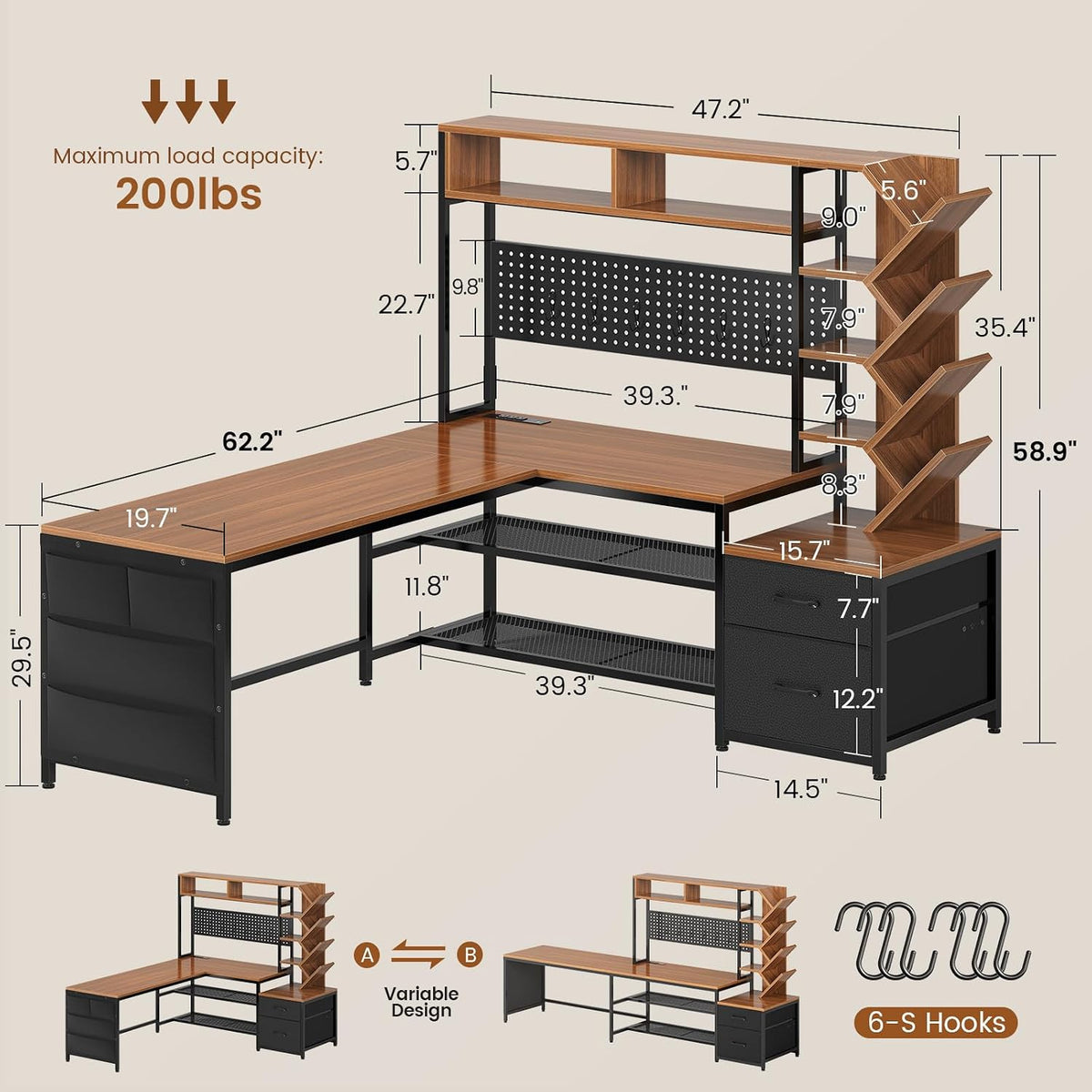 L Shaped Office Desk with Drawers and Hutch, Convertible 97.6" Double Computer Desk, Corner Gaming Desk with Storage