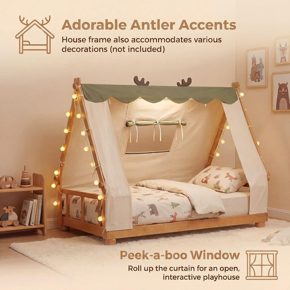 Twin Floor Bed for Kids, House Wood Bed Frame with Tent, Window, Fence Guard Rails, & Wooden Slat Support, No Box