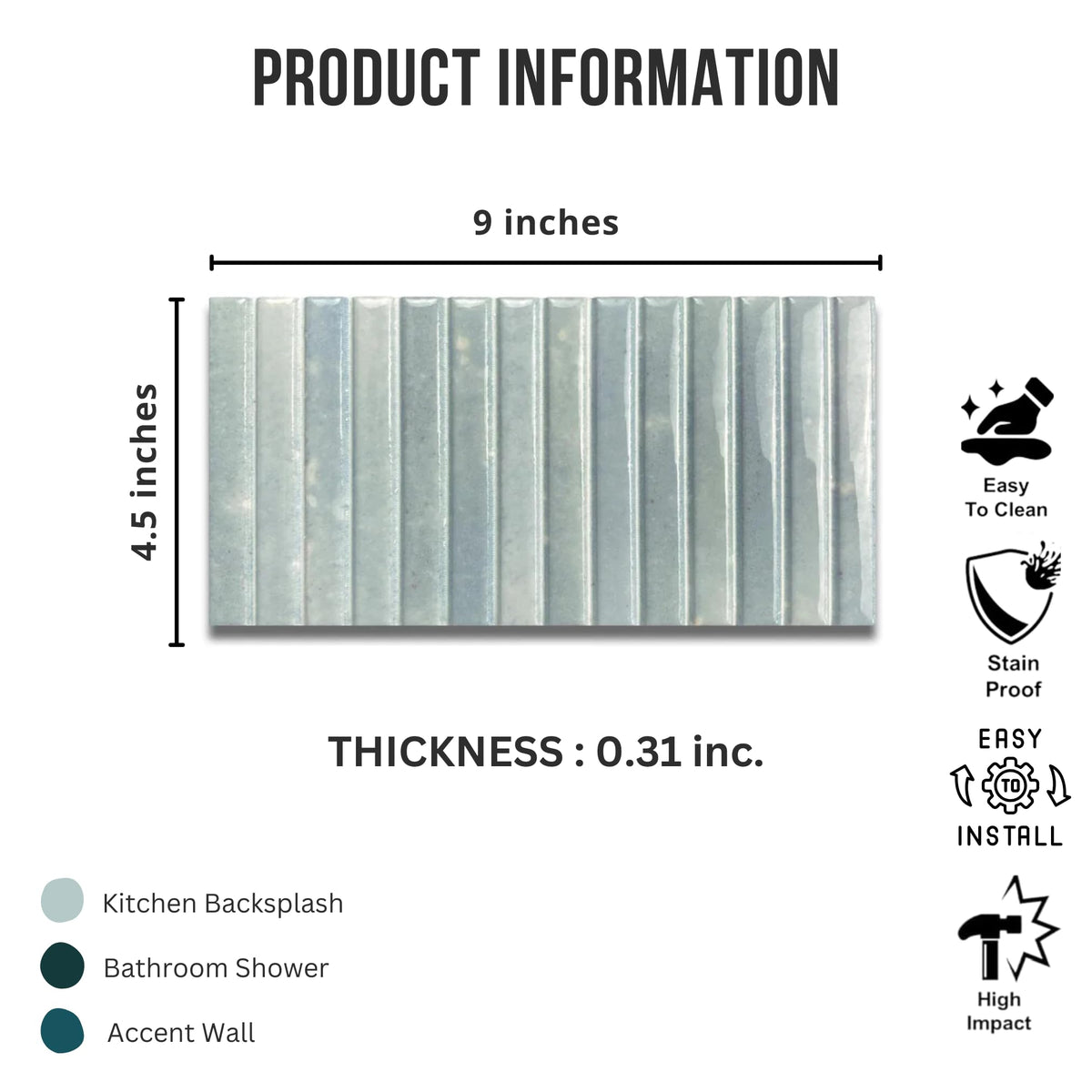 Scandia Glossy Ice Blue 4.5x9 Ribbed Porcelain Wall Tile, 3D KitKat Fluted Decorative Tile Backsplash, Bathroom