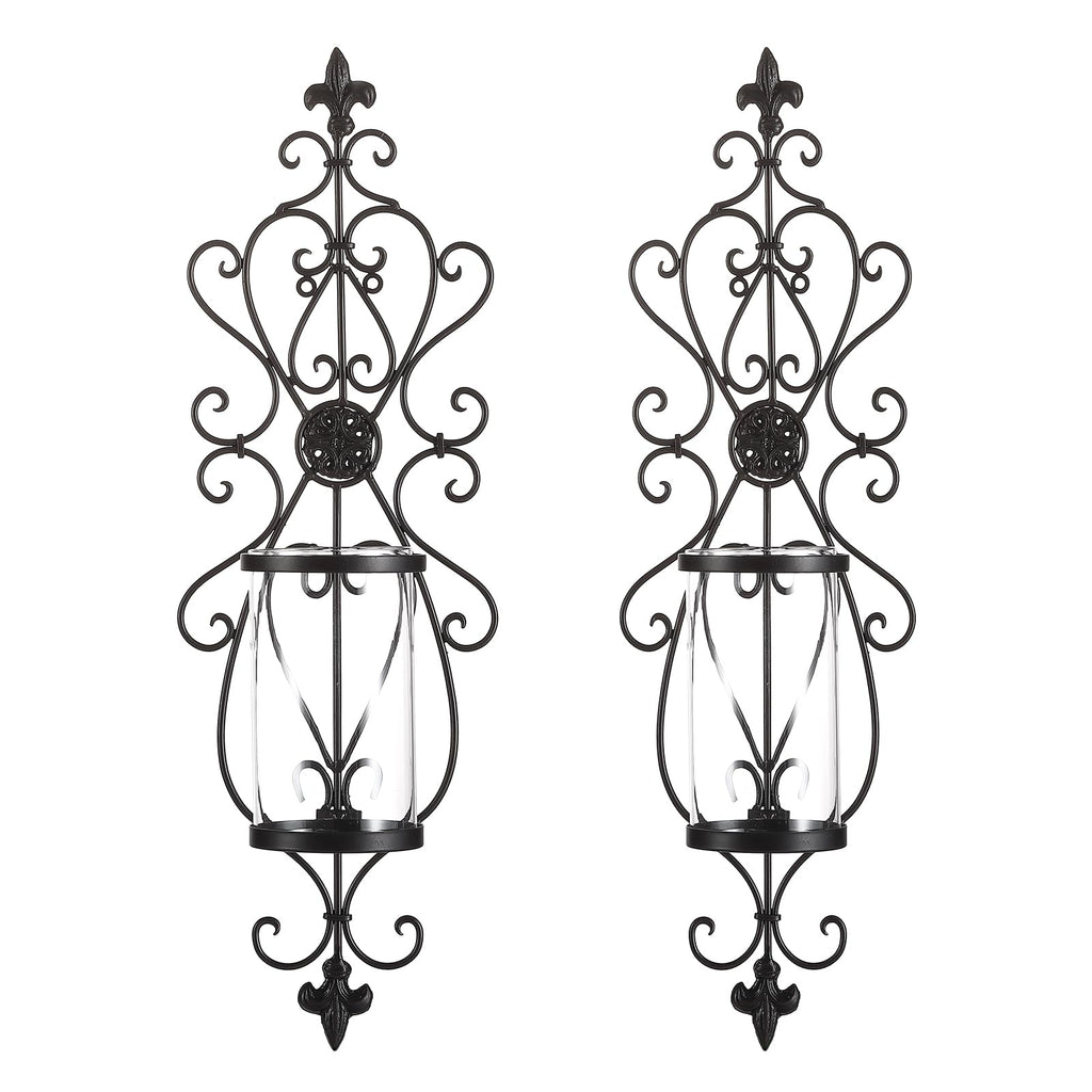 24" Hurricane Wall Sconces Set of Two, Iron & Glass Sconces for Candles