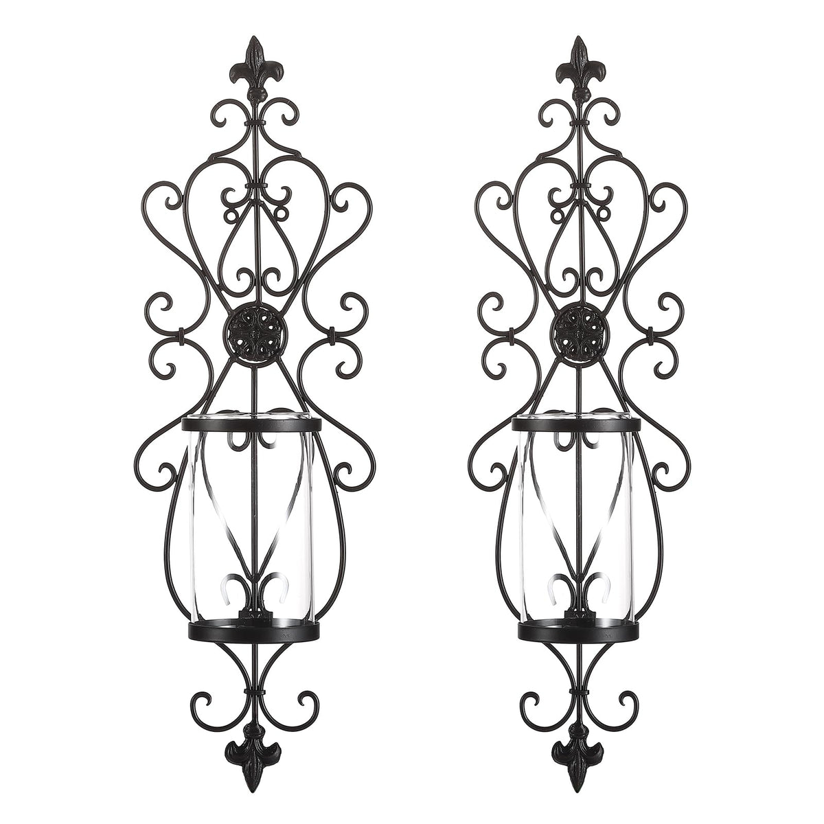 24" Hurricane Wall Sconces Set of Two, Iron & Glass Sconces for Candles