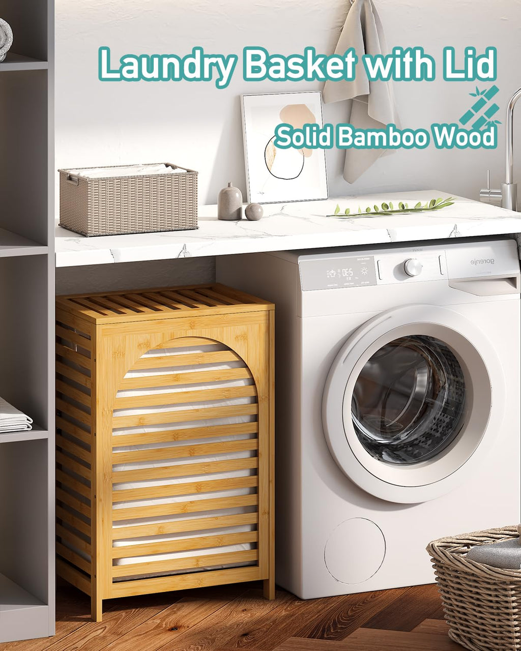 Hamper, 22.5 Gallon (85L) Bamboo Wood Clothes Laundry Basket with Lid and Handles, Removable Liner (Natural, Large)
