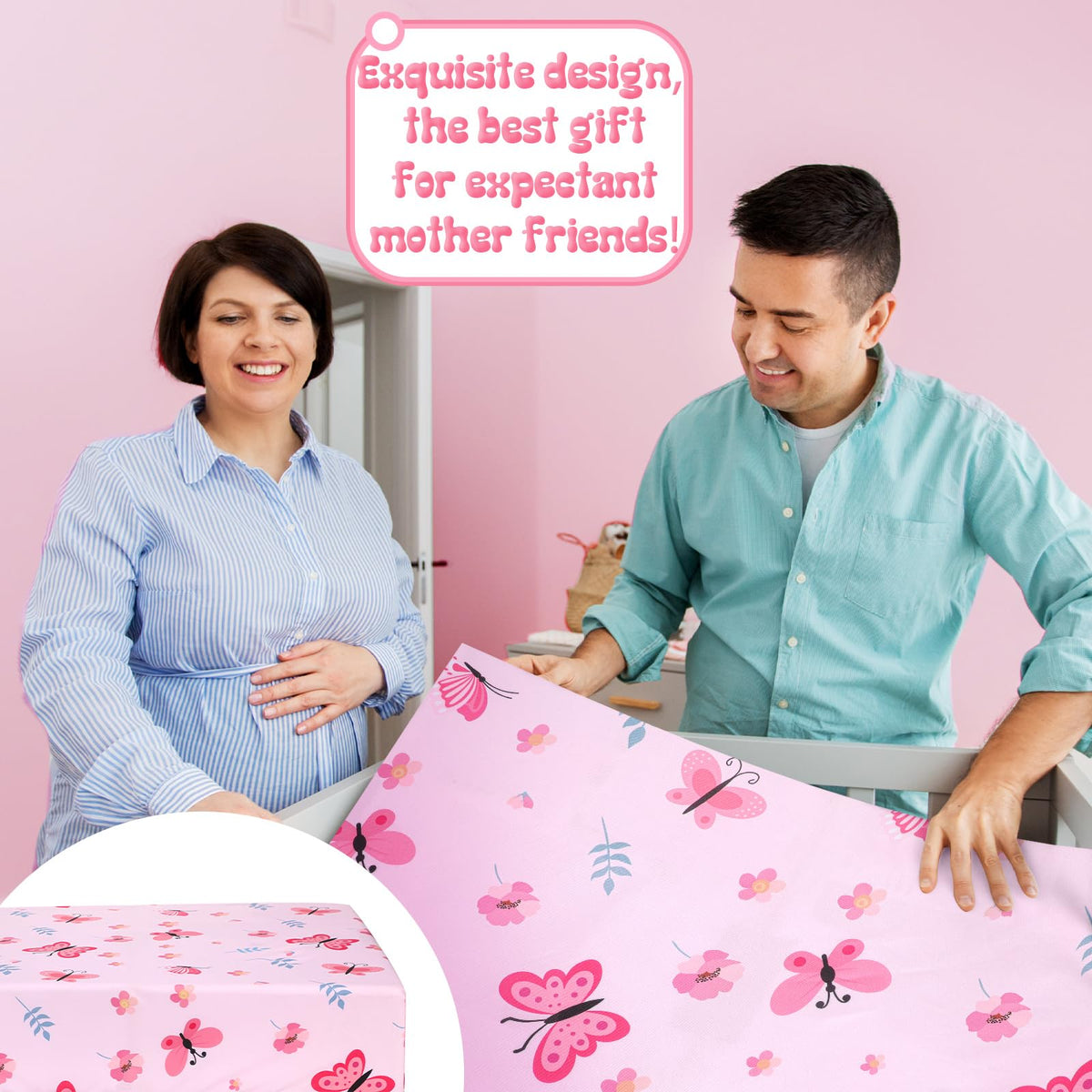 3 Pieces Butterfly Baby Crib Bedding Set for Girls, Pink
