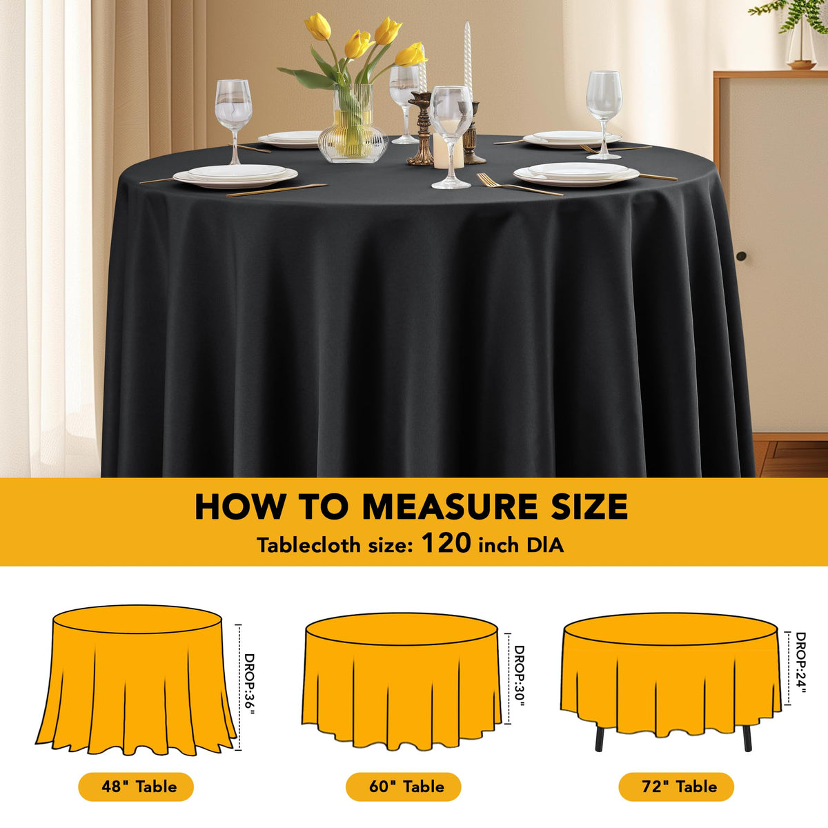 6-Pack Black Round Tablecloths, 120 in, for 5-6 Ft Round Tables