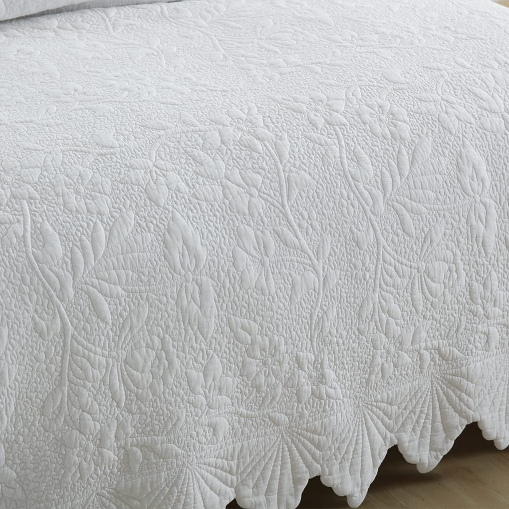 White Cotton Quilt Set Twin Scalloped Matelasse Coverlet 2PC