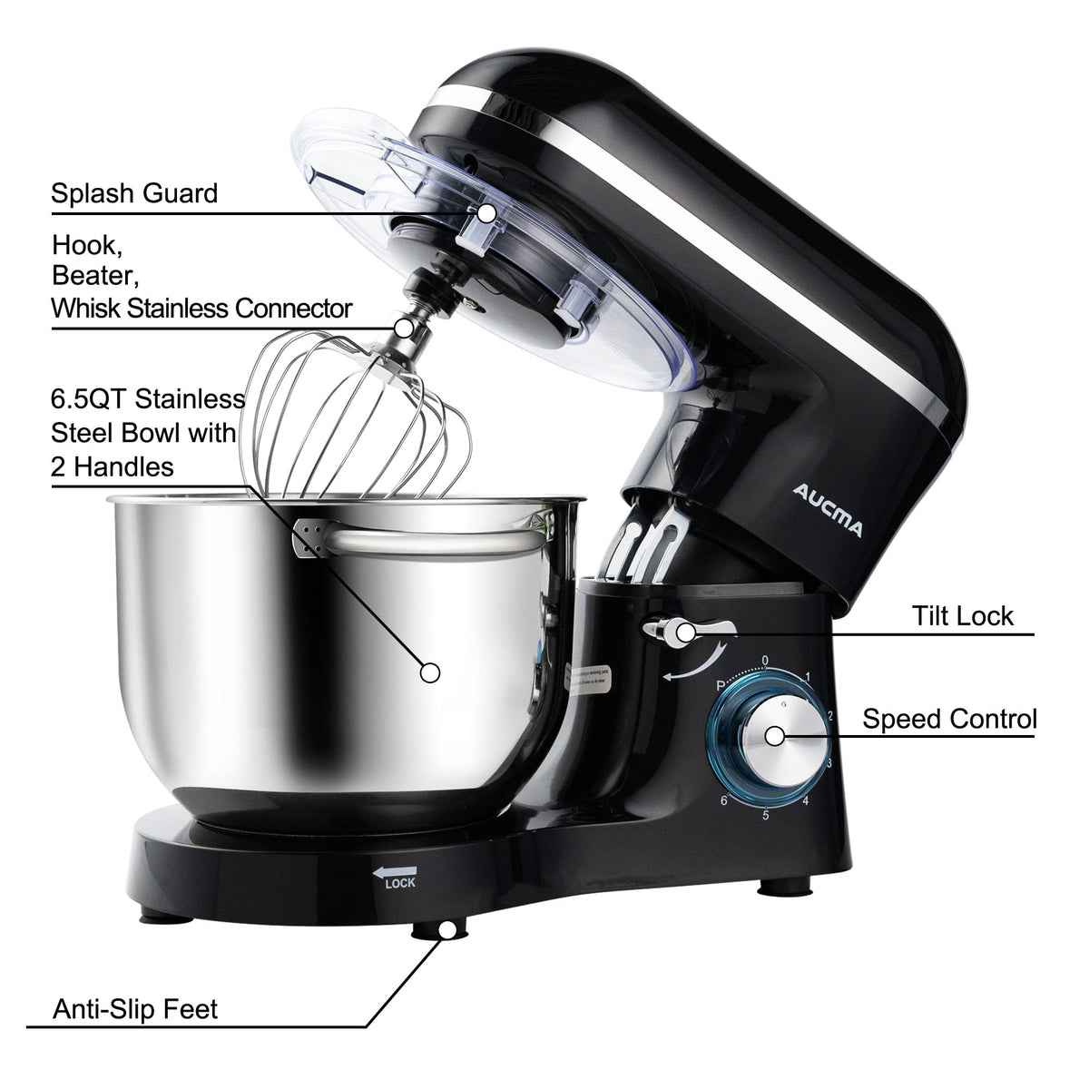 Stand Mixer,6.5-QT 660W 6-Speed Tilt-Head Food Mixer, Kitchen Electric Mixer with Dough Hook, Wire Whip & Beater