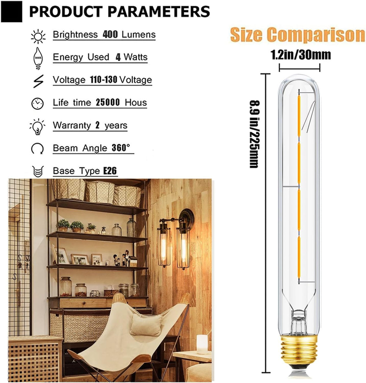 E26 Tube Bulbs 40 Watt Dimmable Light Bulb 3000K Soft White T10 Edison