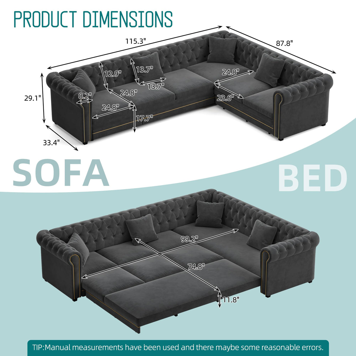 Sectional Sleeper Sofa, 115.3" L-Shaped Couch with Pull Out Couch, Gray