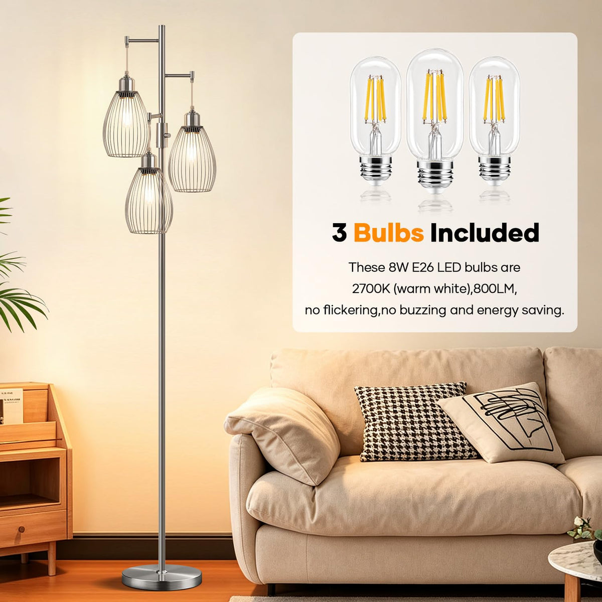 Dimmable Floor Lamp, 3 x 800LM LED Edison Bulbs Included, Industrial Floor Lamp Standing Tree Lamp with Elegant