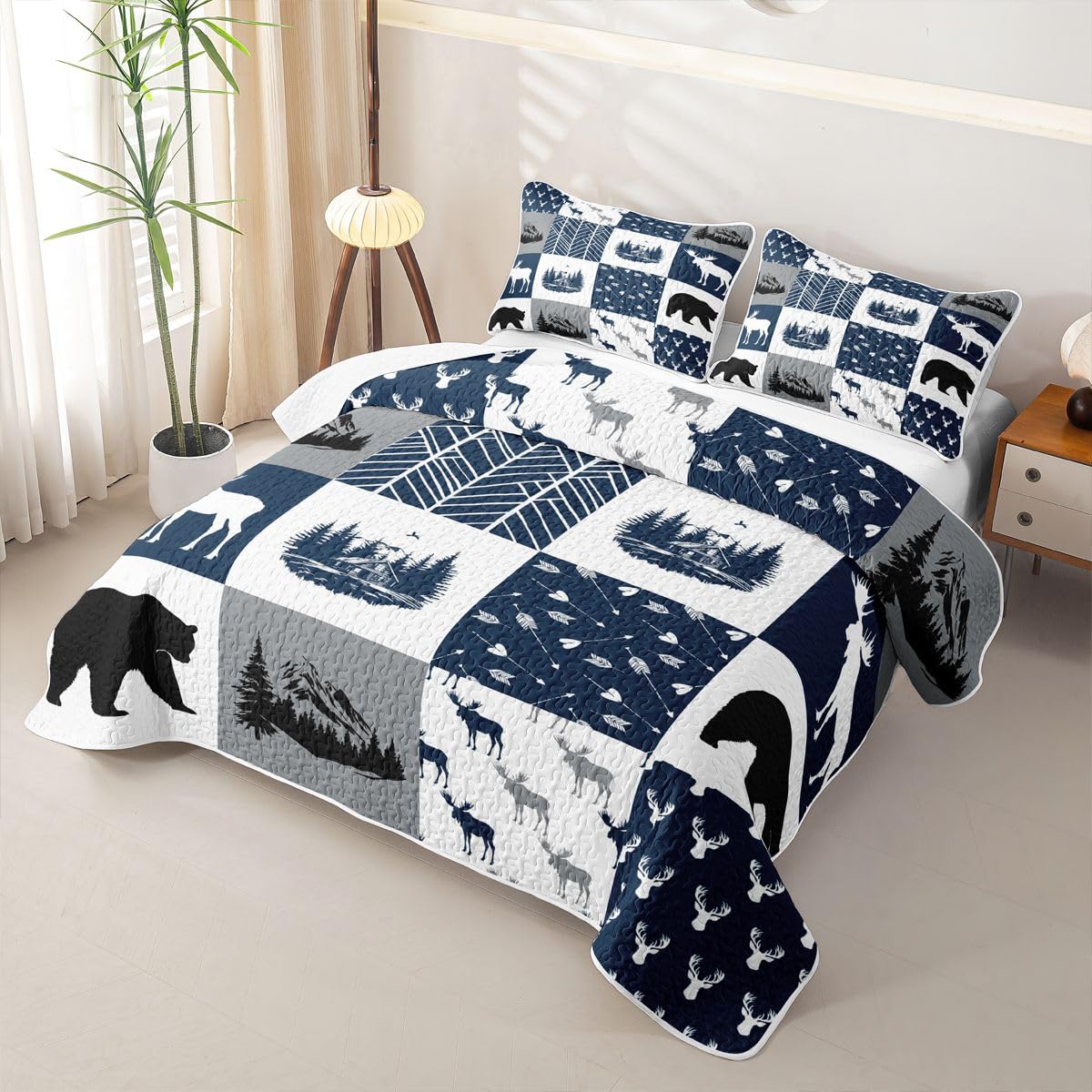 Elk Quilt Set Bear Quilt Deer Head Moose Arrow Cabin Quilted Bedspread Plaid Geometric Blue White Coverlet
