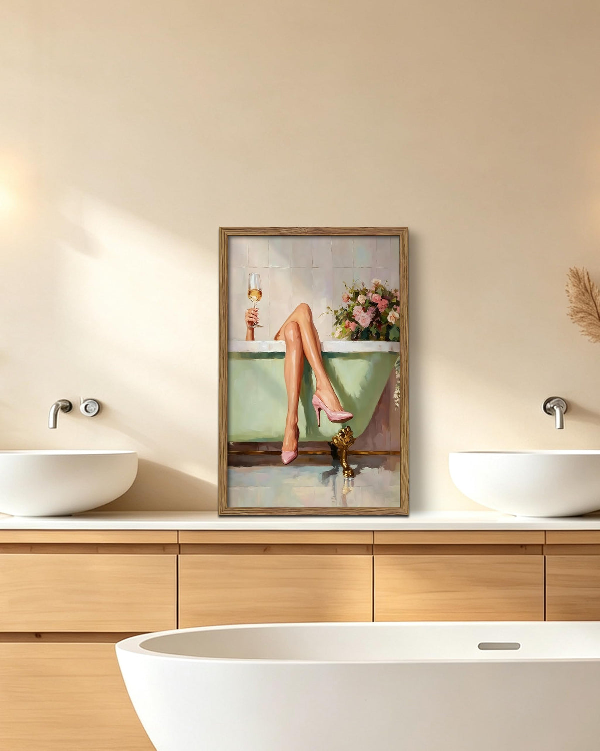 Framed Girl Bathroom Wall Art, Fashion Woman Relaxing in Bathtub Wall Decor Painting Picture, Pink High Heel Wine