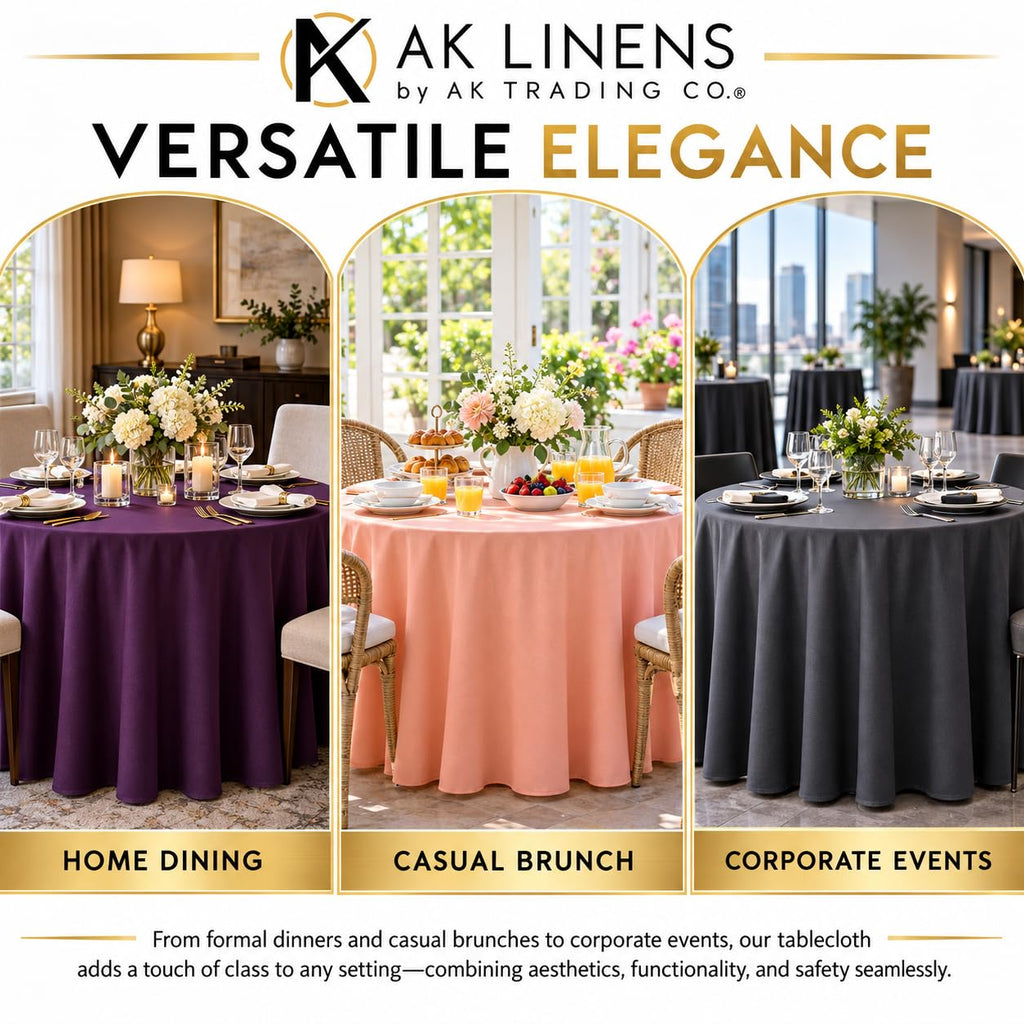 120-Inch Round Polyester Tablecloth, Made in USA, Wrinkle-Resistant & Flame Retardant Table Cover for Weddings