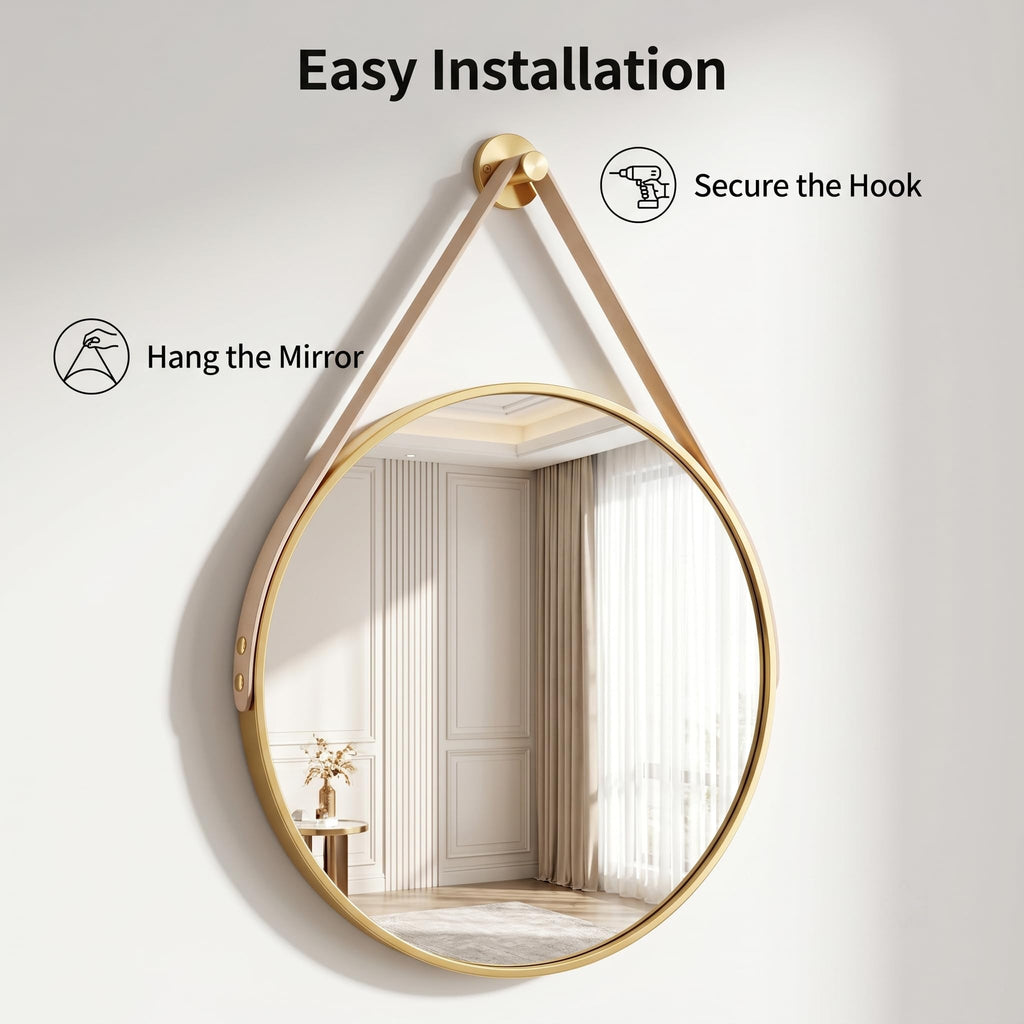 20" Gold Round Mirror, Circle Wall Mirror with Leather Strap