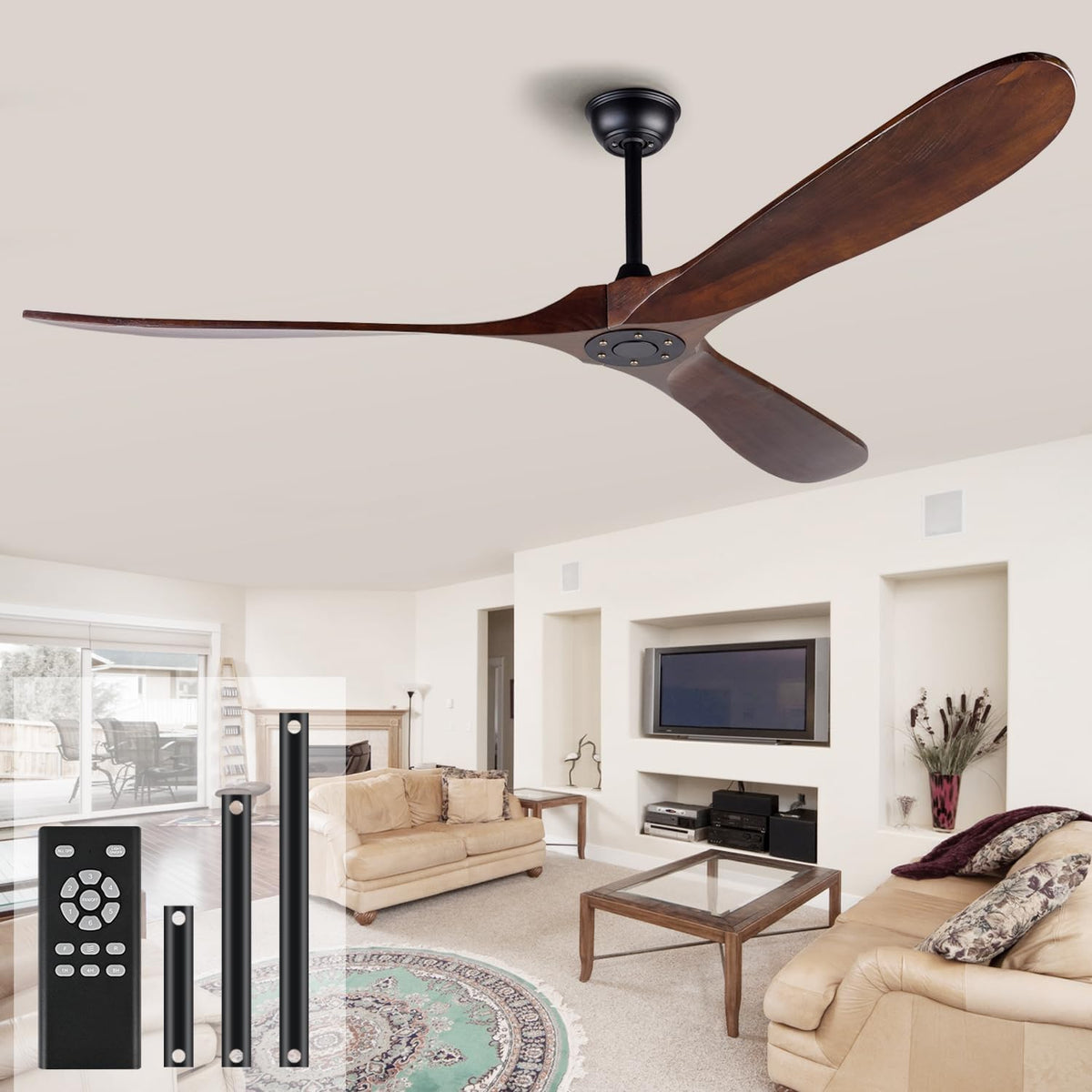 72" Wood Outdoor Ceiling Fan, No Light
