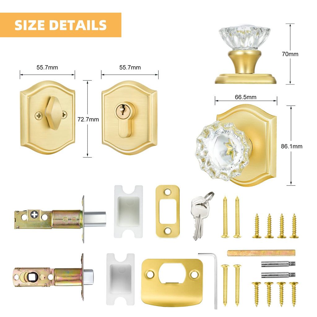 Crystal Glass Passage Door Knob and Single Cylinder Deadbolt Combo Set, Satin Brass Finish, Keyed Alike