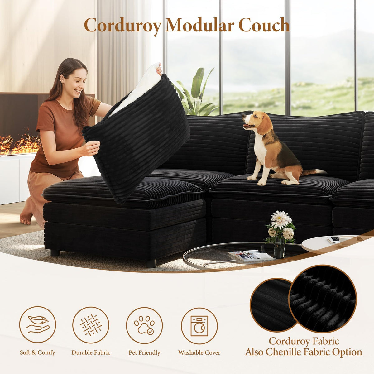 142" Cloud Sleeper Couch Living Room, Sectional Sofabed, Black
