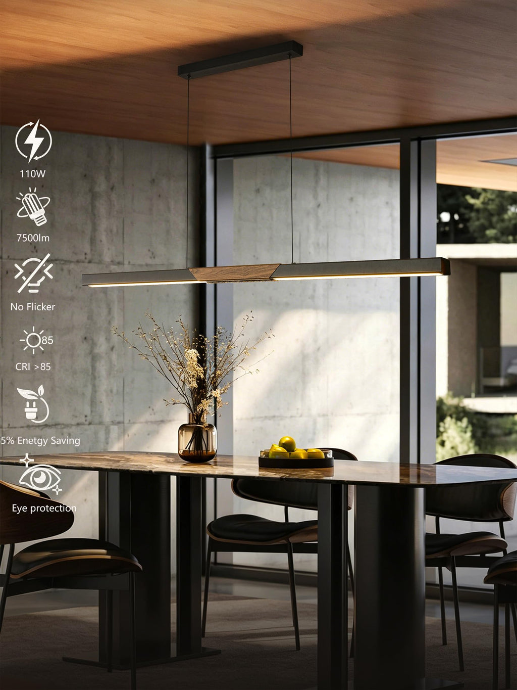 94′′ Black Linear Pendant Light - Dimmable High Output LED, Modern Black Finish with Walnut Wood Grain Accent, 8ft