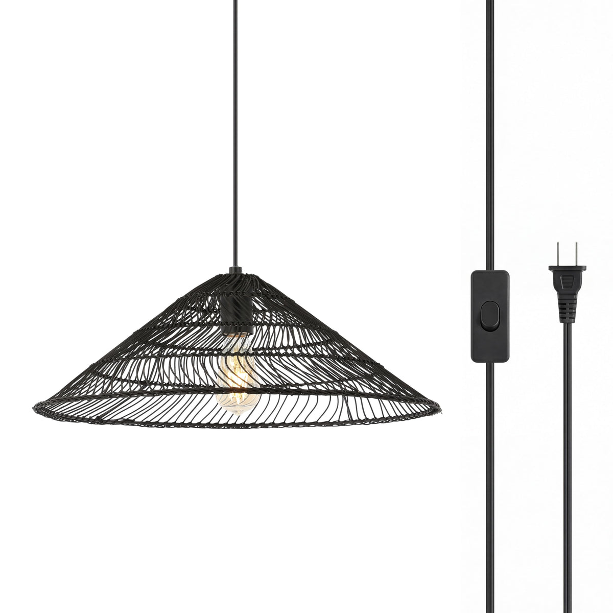 Connie Farmhouse 1-Light Pendant 20.25" Rattan, Black