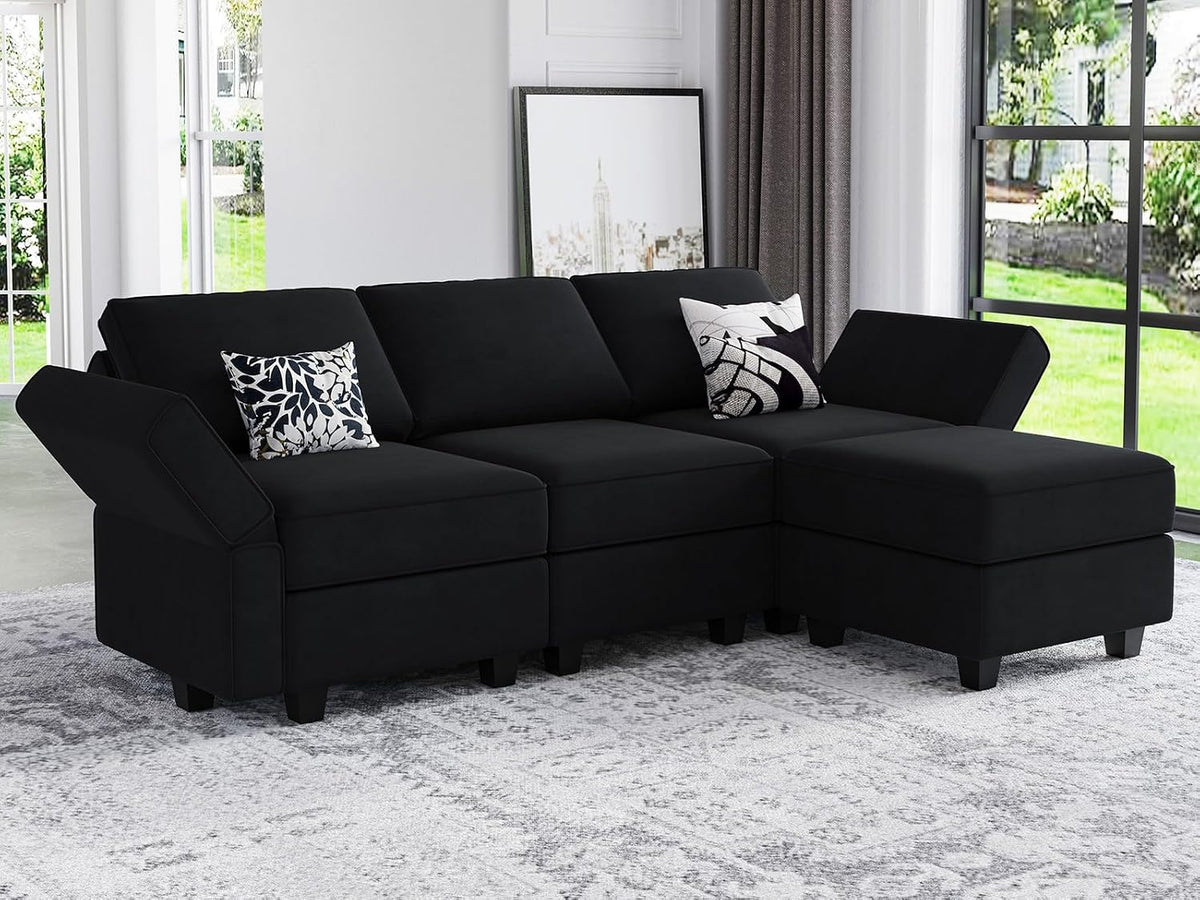 Modern L Shaped Velvet Sectional Sofa with Chaise, Black, Storage, Adjustable Arm/Backrest