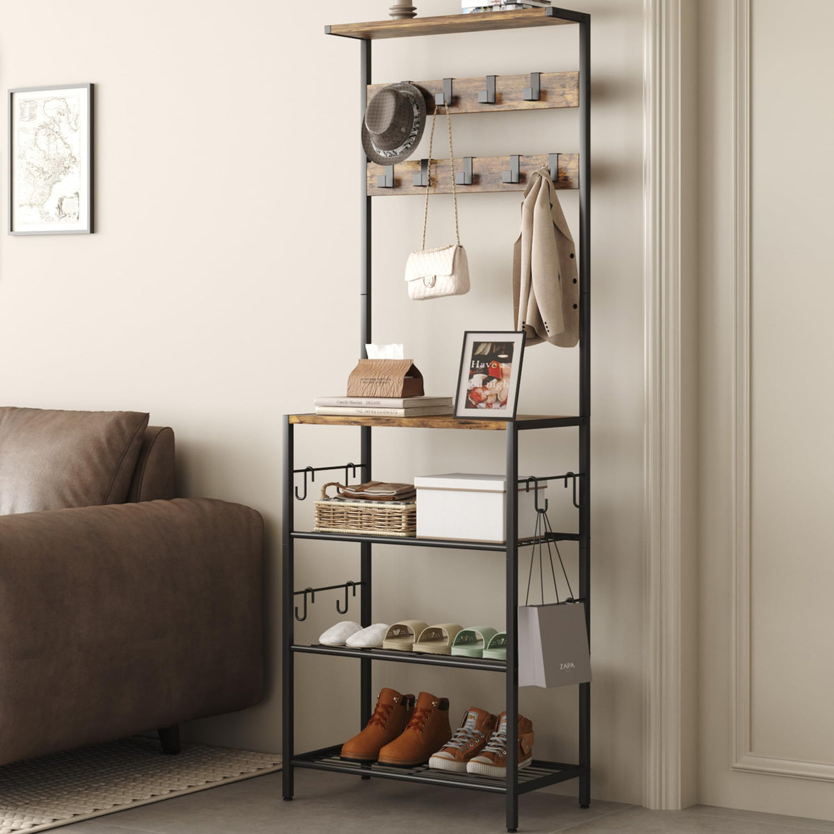 Coat Rack with Shoe Storage, 5-Tier Shoe and Coat Rack with 9 Clothes Hooks, Freestanding Hall Tree Organizer