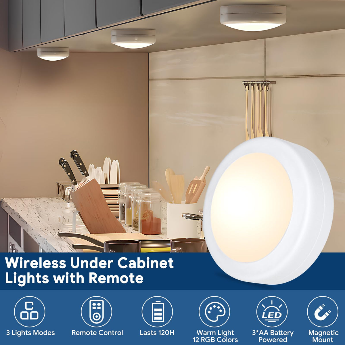 LED Puck Lights with Remote Control, AA Battery Operated, 12 Color Closet Under Cabinet Lighting, Push Tap Light