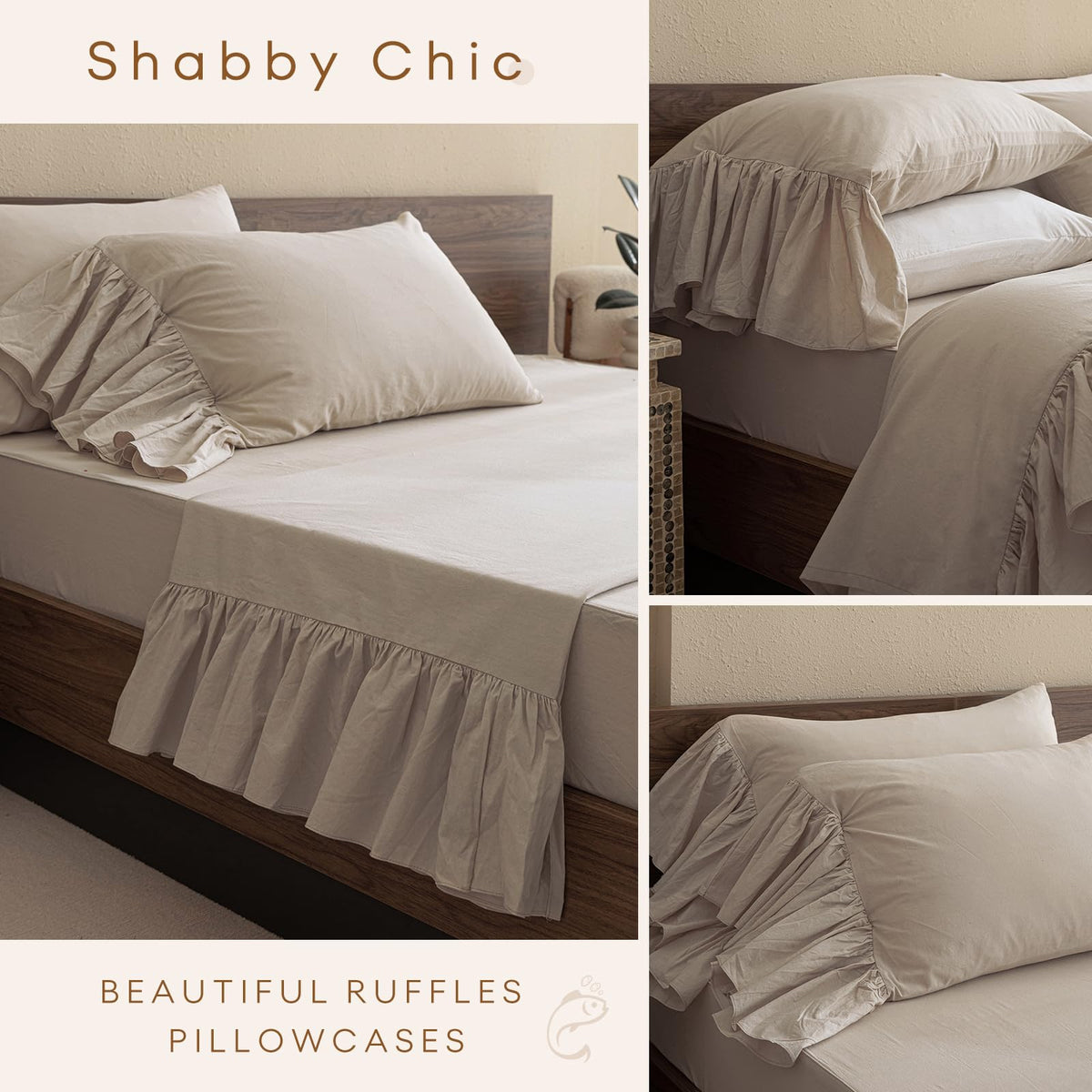100% Cotton Sheet Set, Ruffle Bed Sheets Linen Feel Textured Farmhouse Shabby Vintage Chic Bedding 4 Pieces