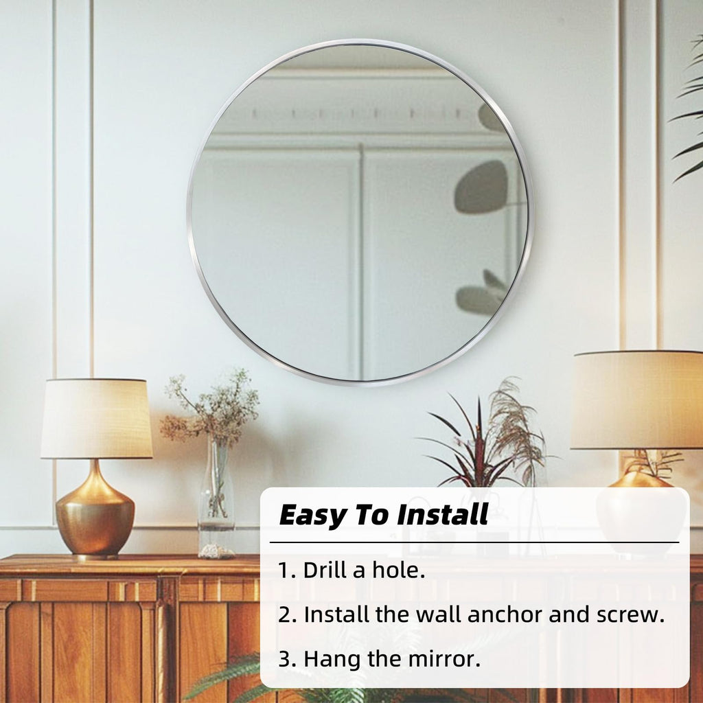 Silver Circle Mirror 22 inch, Round Mirror, Brushed Nickel, Chrome