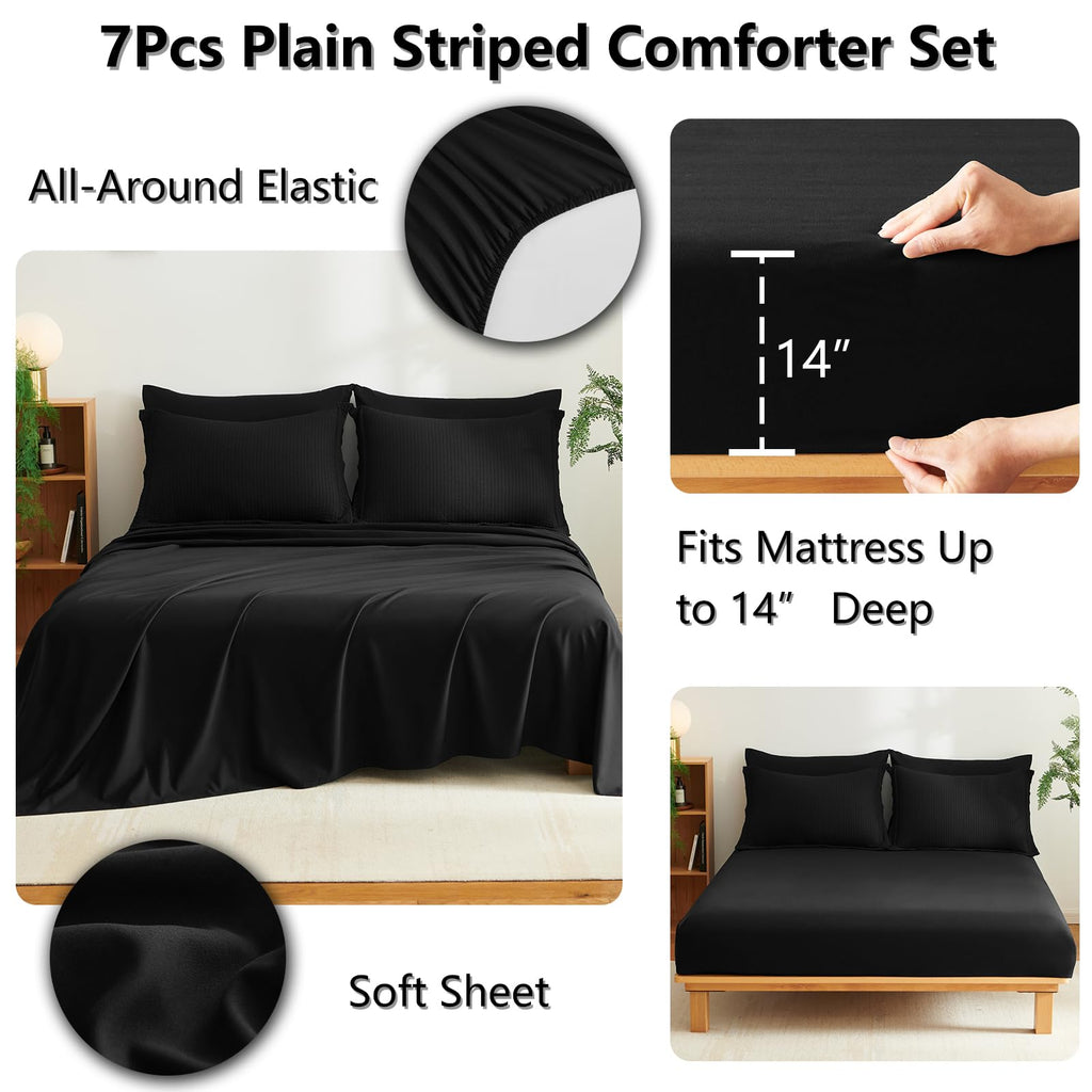 King Size Comforter Set Black - 7 Pieces Striped Seersucker Bed in a Bag, Soft Lightweight Boho Bedding Set with All