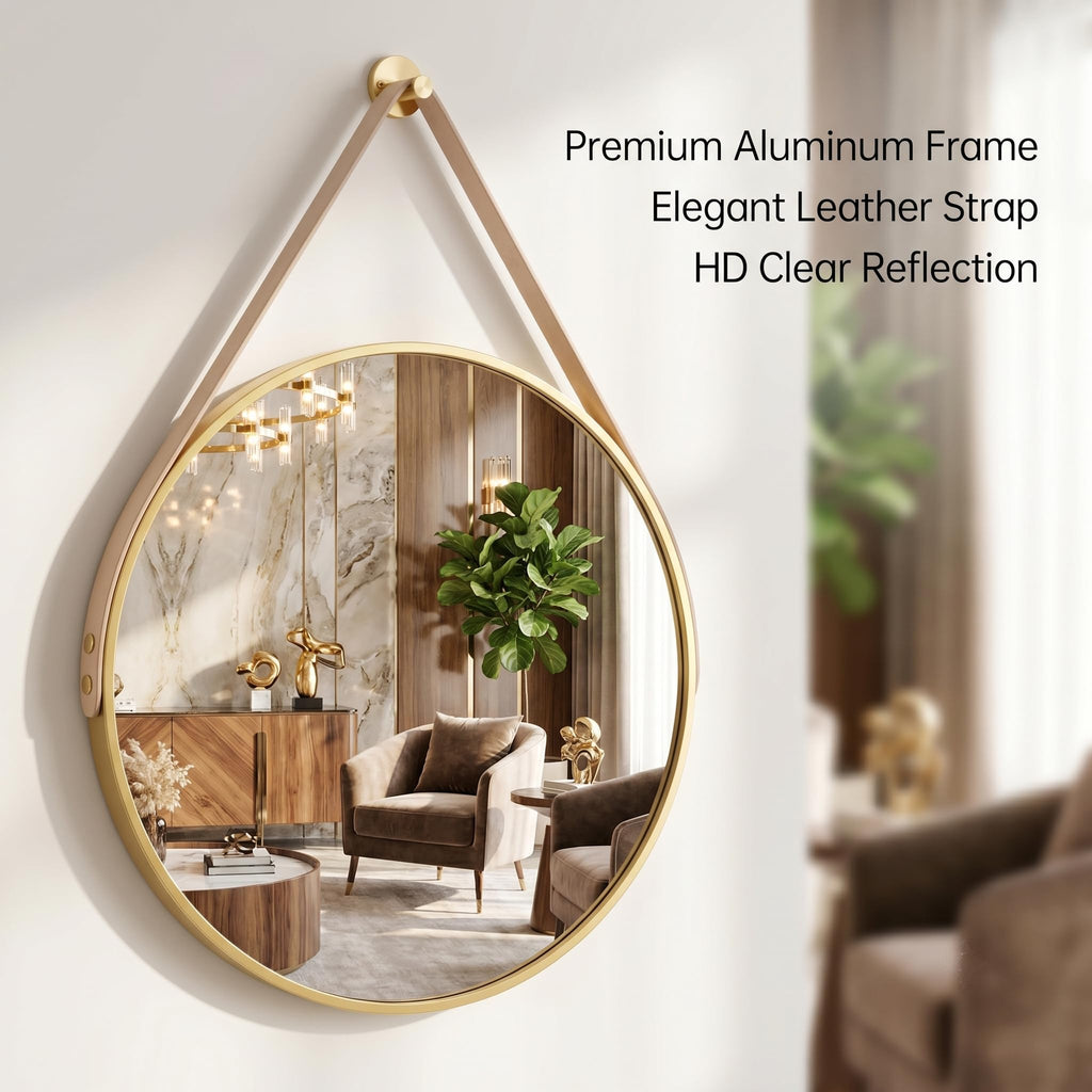20" Gold Round Mirror, Circle Wall Mirror with Leather Strap