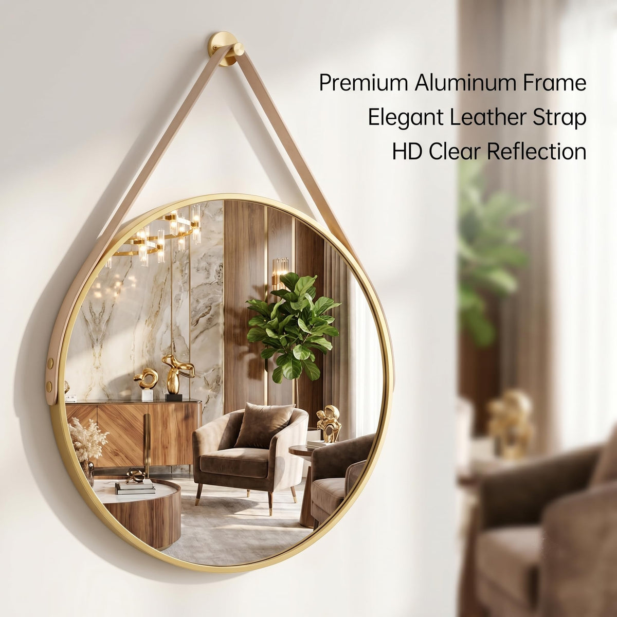 20" Gold Round Mirror, Circle Wall Mirror with Leather Strap