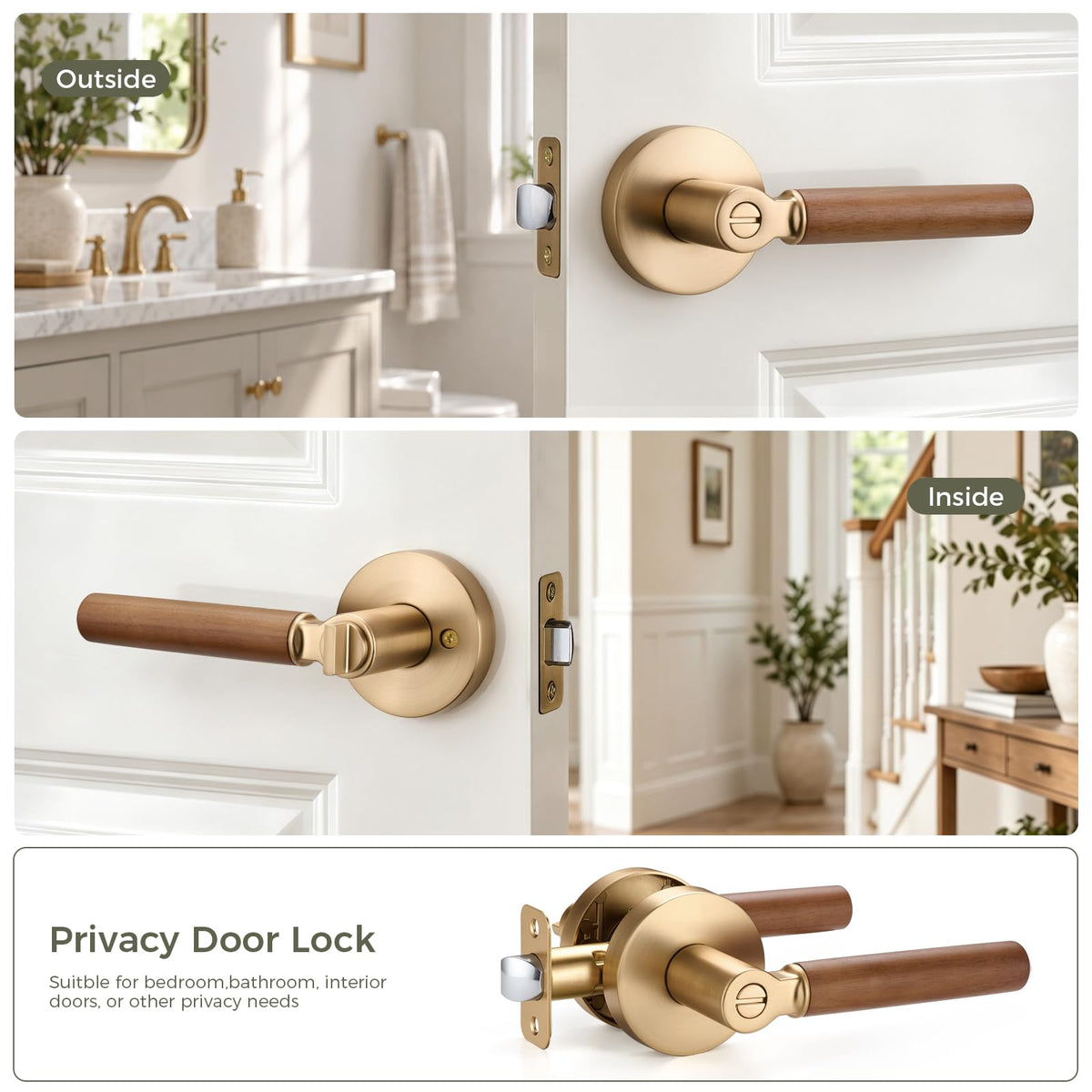 Walnut Wood Privacy Door Lever (1 Pack, Champagne Bronze)