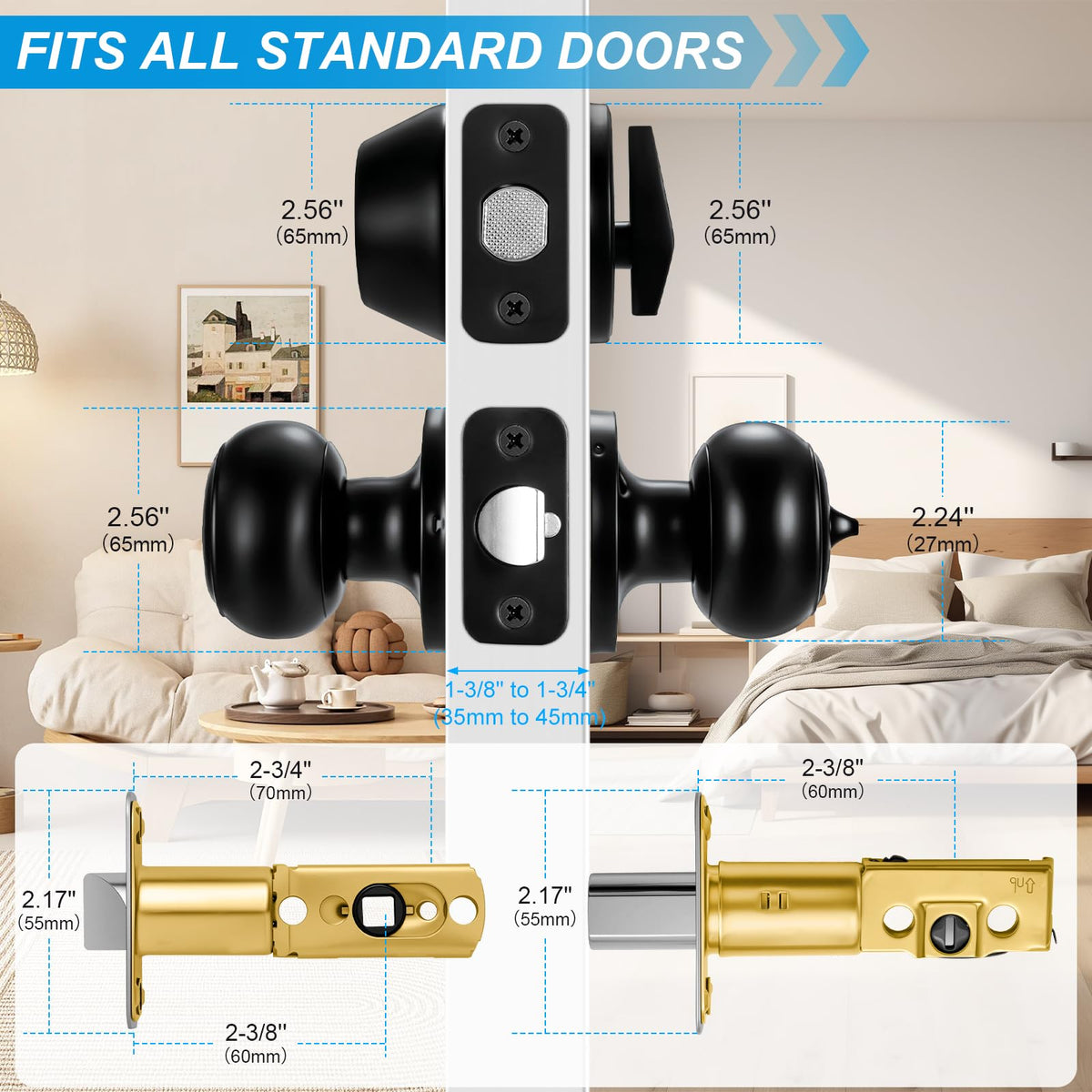 2 Pack Front Door Lock Set Matte Black, Exterior Door Lock Set with Deadbolt, Single Cylinder Deadbolt Lock and Door