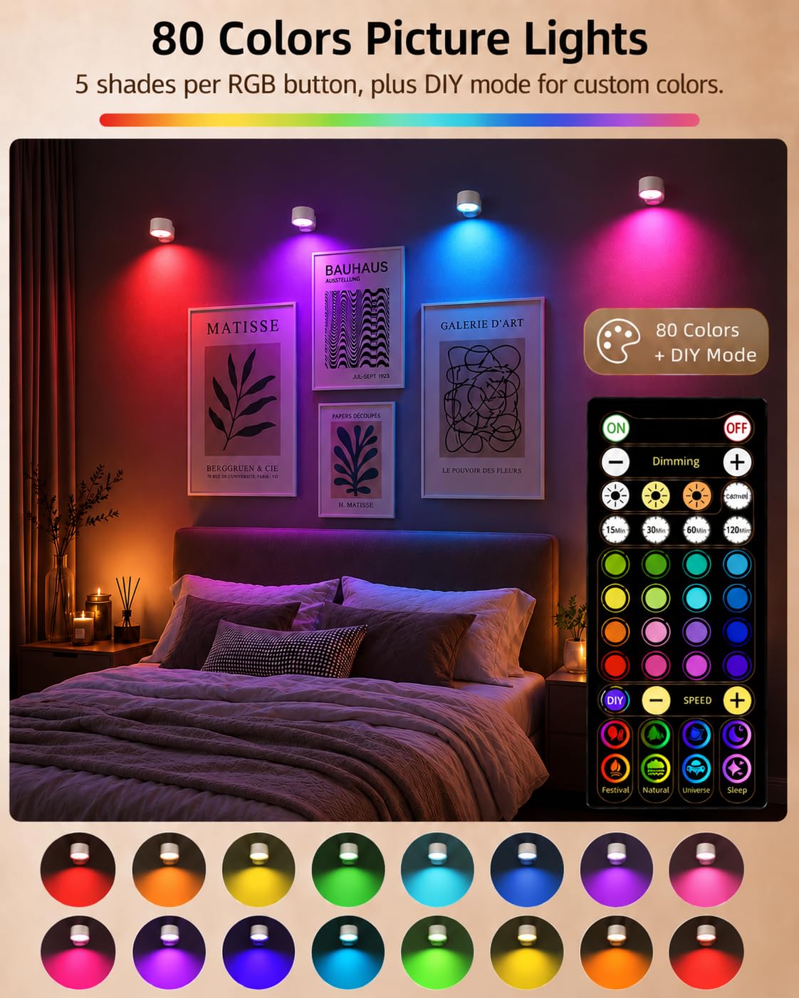 Picture Lights for Wall, 3 Pack Rechargeable Magnetic with Remote (White)