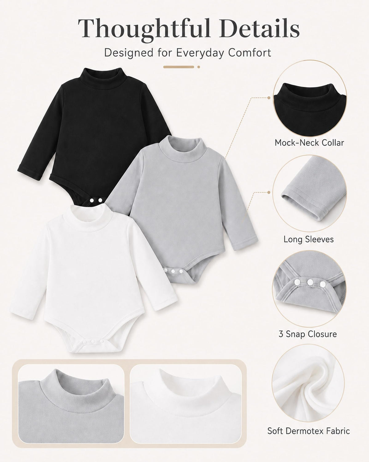 3 Pack Baby Turtleneck Bodysuit Long Sleeve Boy Girl Baby Solid Onsies Unisex Jumpsuit Newborn Essentials Clothes