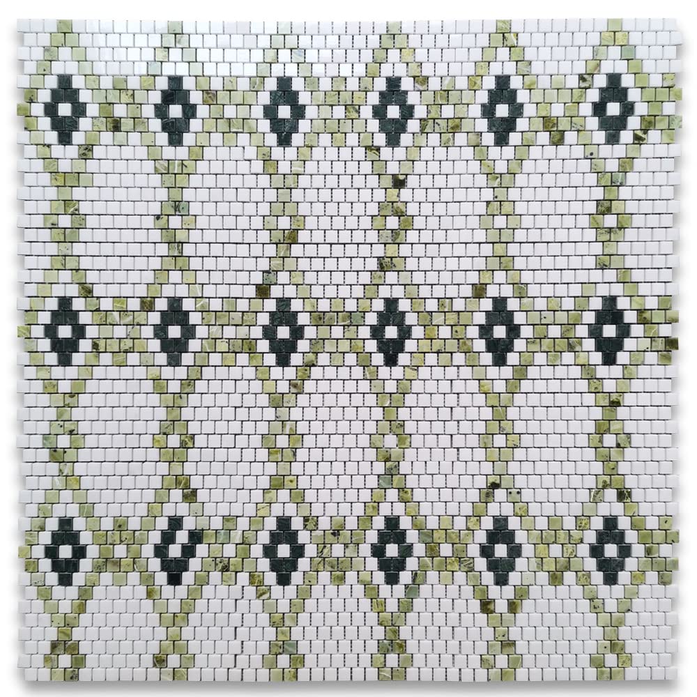 Thassos White Marble 5/8x5/8 Square Diamond Mosaic Tile w/Green Marble Polished Kitchen Bath Wall Floor Backsplash